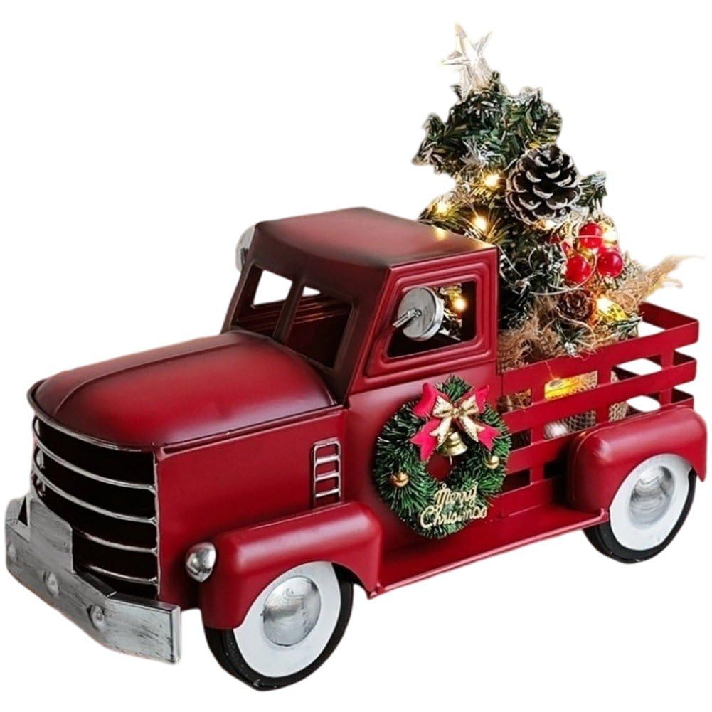 Décorations de Noël vintage avec figurine de camionnette de ferme et mini sapin artificiel