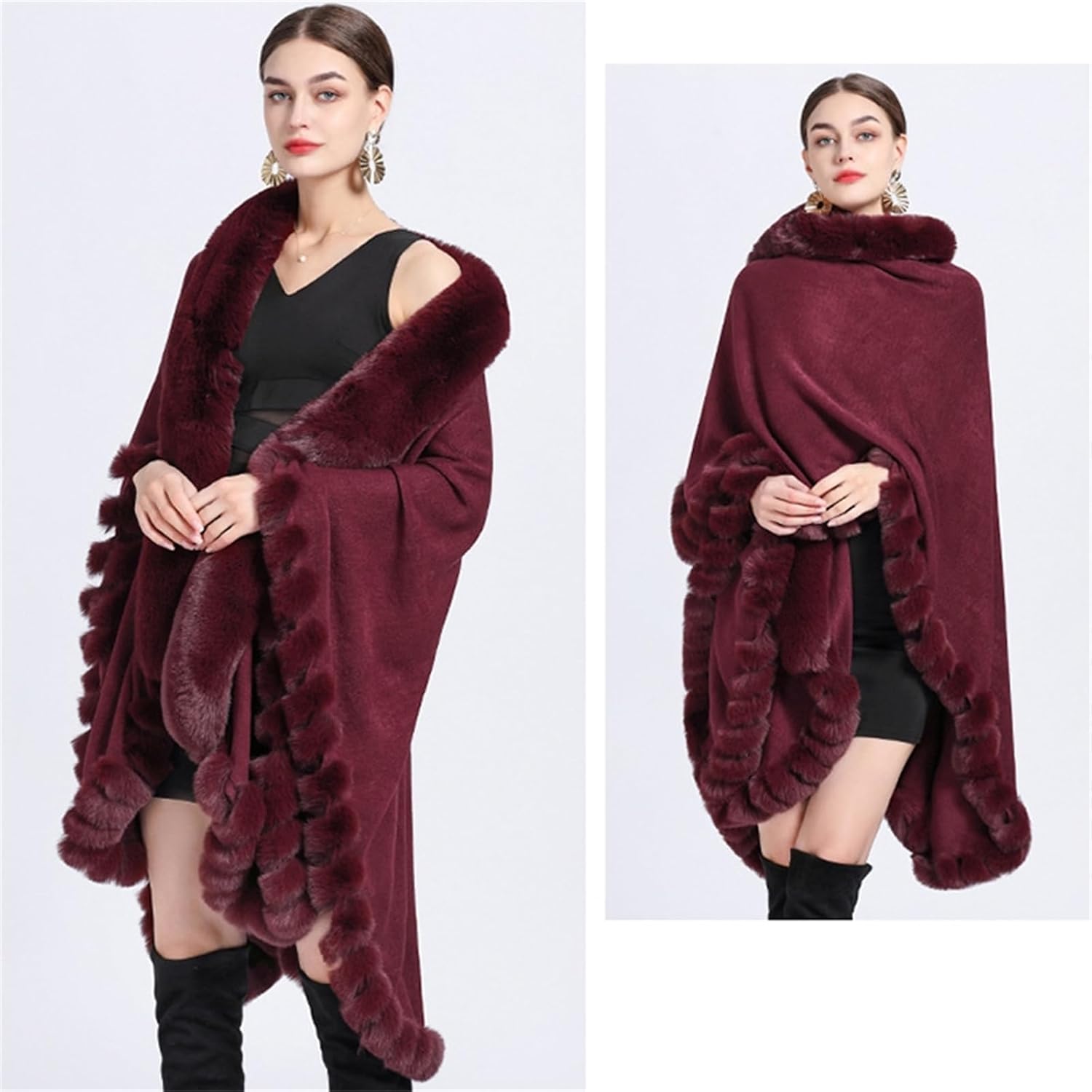 Obosoyo Wrap Cape Women Faux Fur Collar Shawl Knit Poncho Cloak Cardigan Coat Evening Dress - Image 3