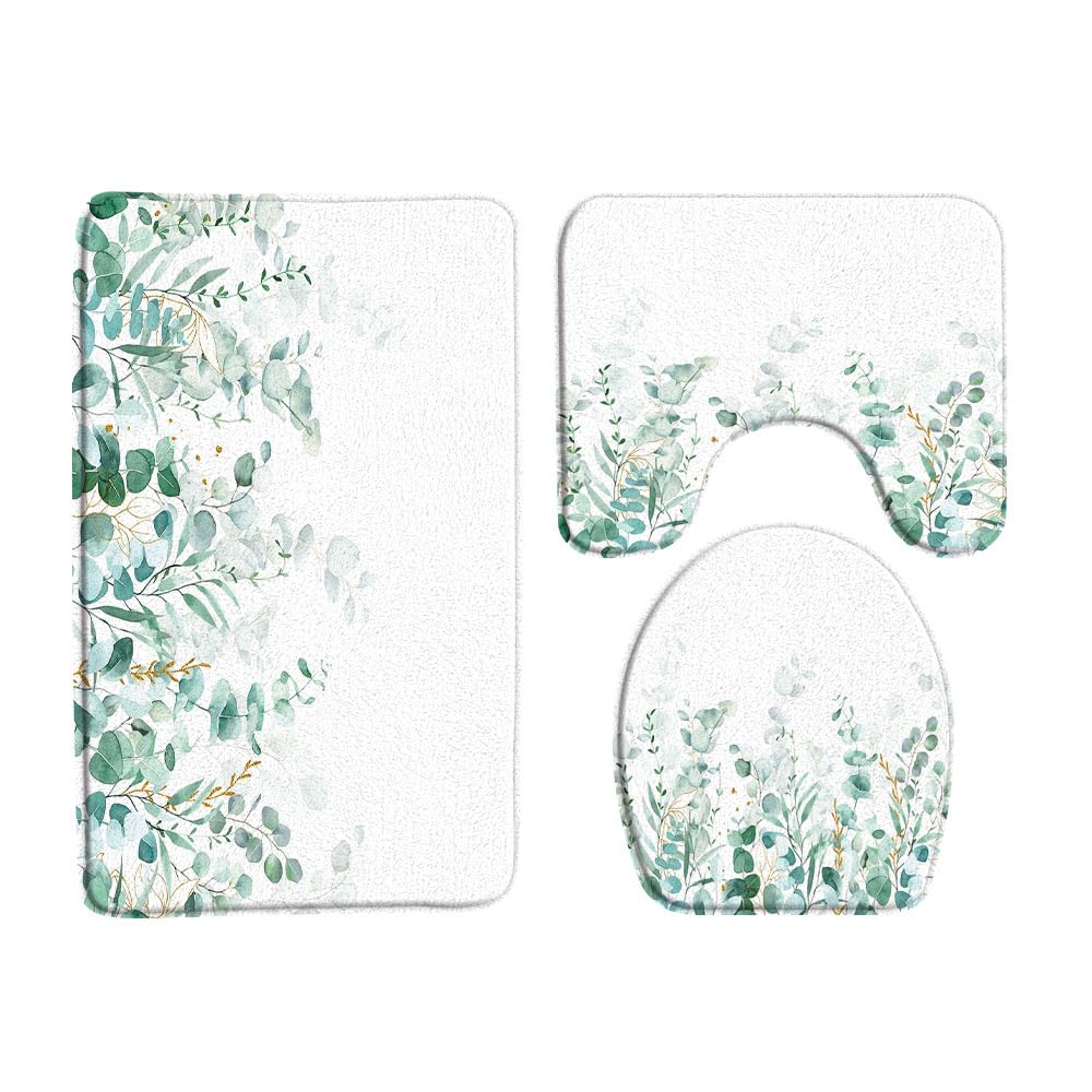 VPUPCN Green Leaves 3 Pcs Bath Rugs Set,Sage Green Eucalyptus Leaf Watercolor Nature Floral Plant Botanical Spring Bathroom Kitchen Rug with 16