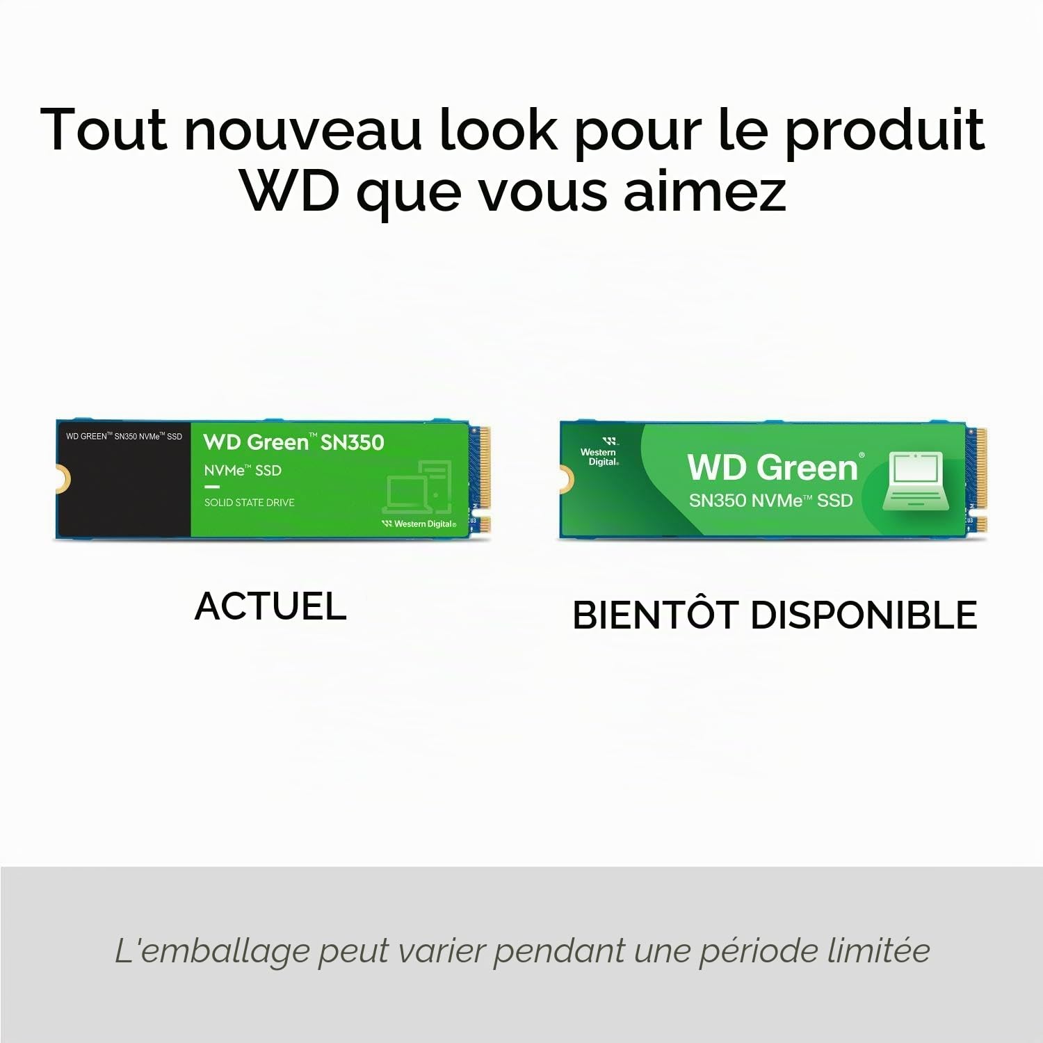 WD Green SN350 2 To M.2 NVMe SSD, possédant une vitesse de lecture de 3 200 Mo/s et une vitesse d'écriture de 3 000 Mo/s