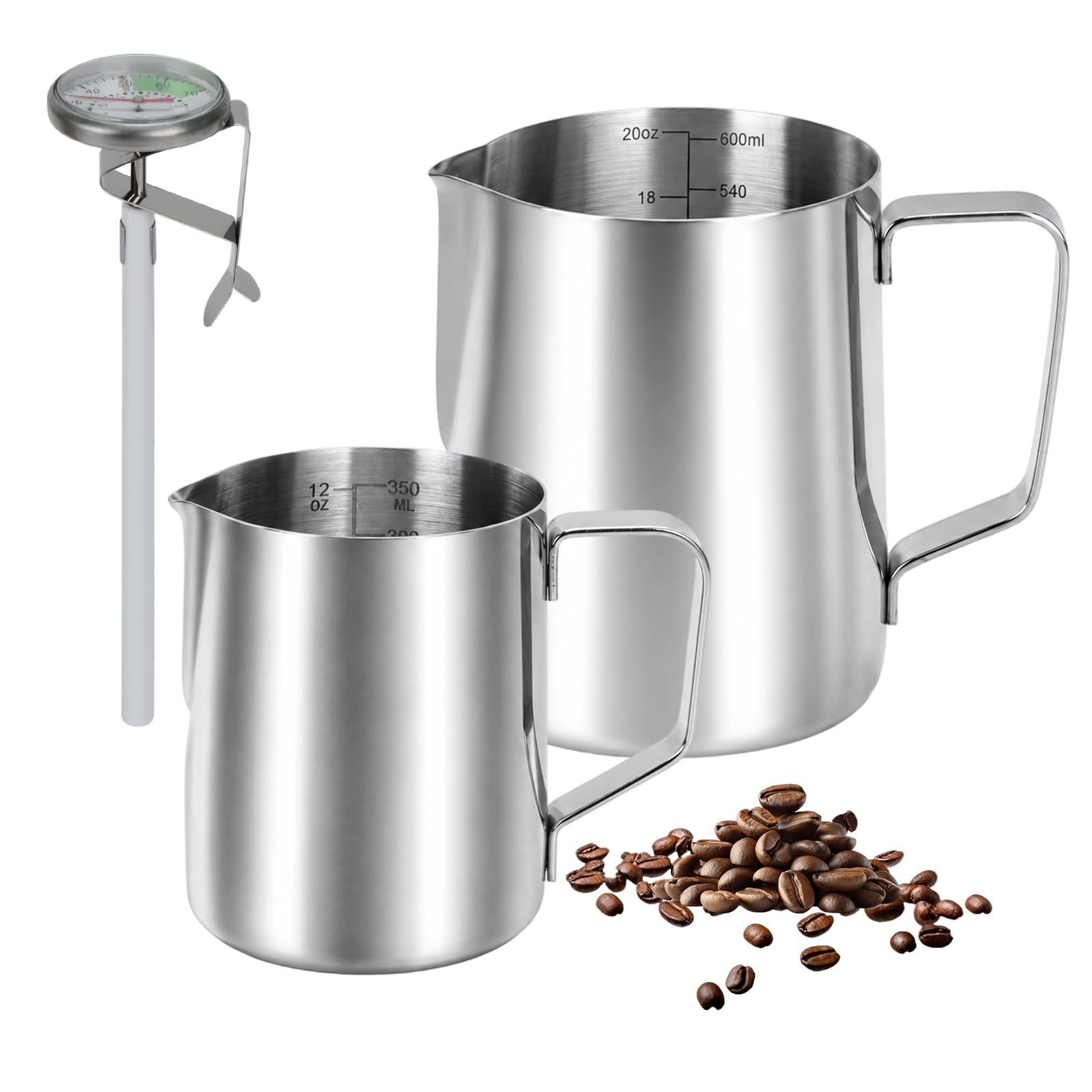 2 Pack Milk Frothing Pitcher with with Thermometer(600ml & 350ml)
