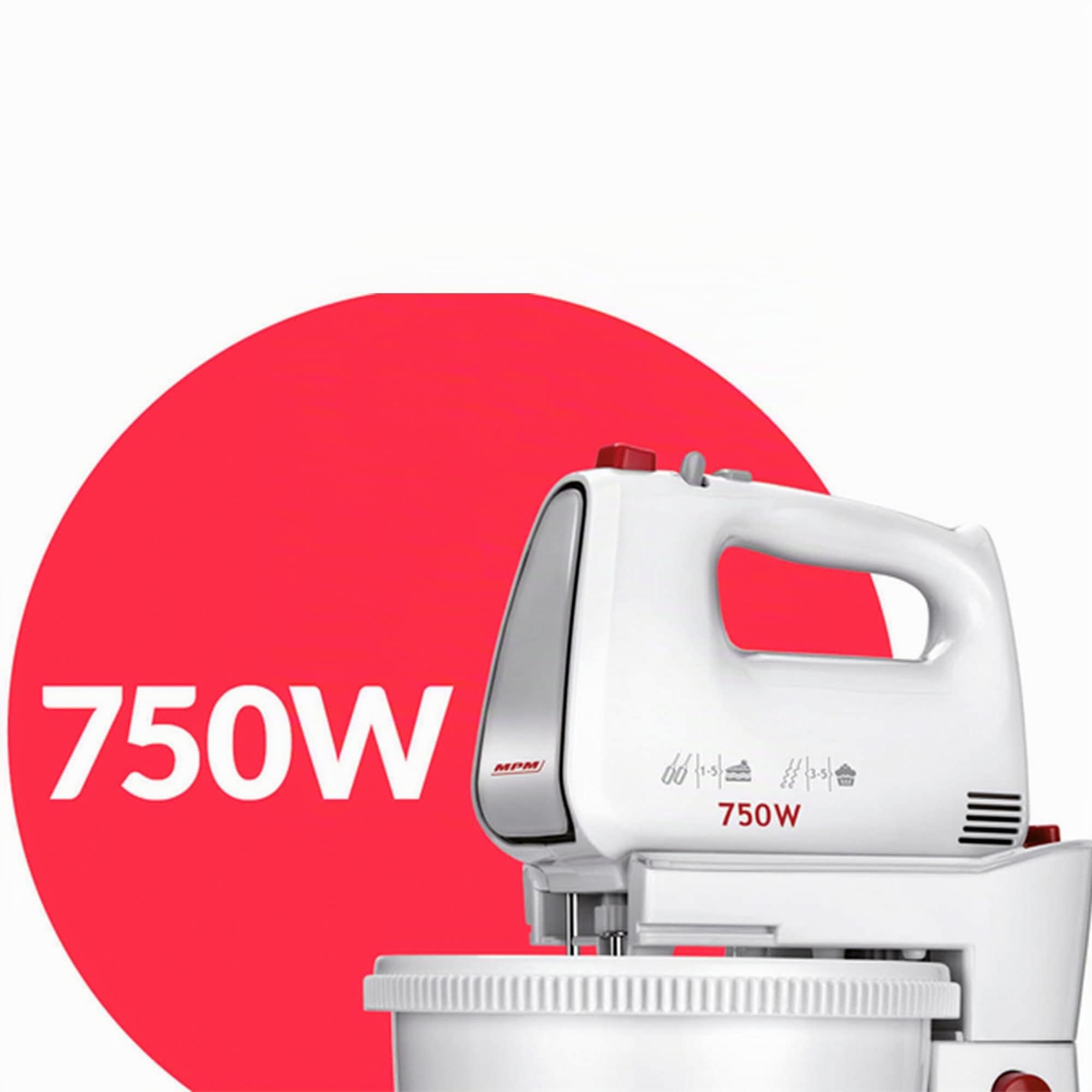 MPM MMR-22Z Impastatrice per Pasticceria con 2 Ciotole Rotanti da 3 L, senza BPA, 5 Velocità + Turbo, Aste e Gancio per Impastare in Acciaio Inox, Bianco, 750W