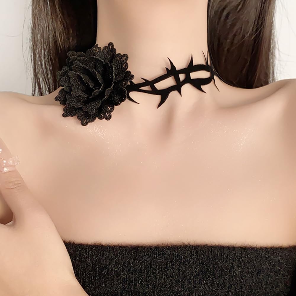 Rose Flower Choker Necklace for Women Adjustable Velvet Big Large Floral Collar Necklace Exaggerated Spider Web Necklace Goth Halloween Costume Gift - Image 8