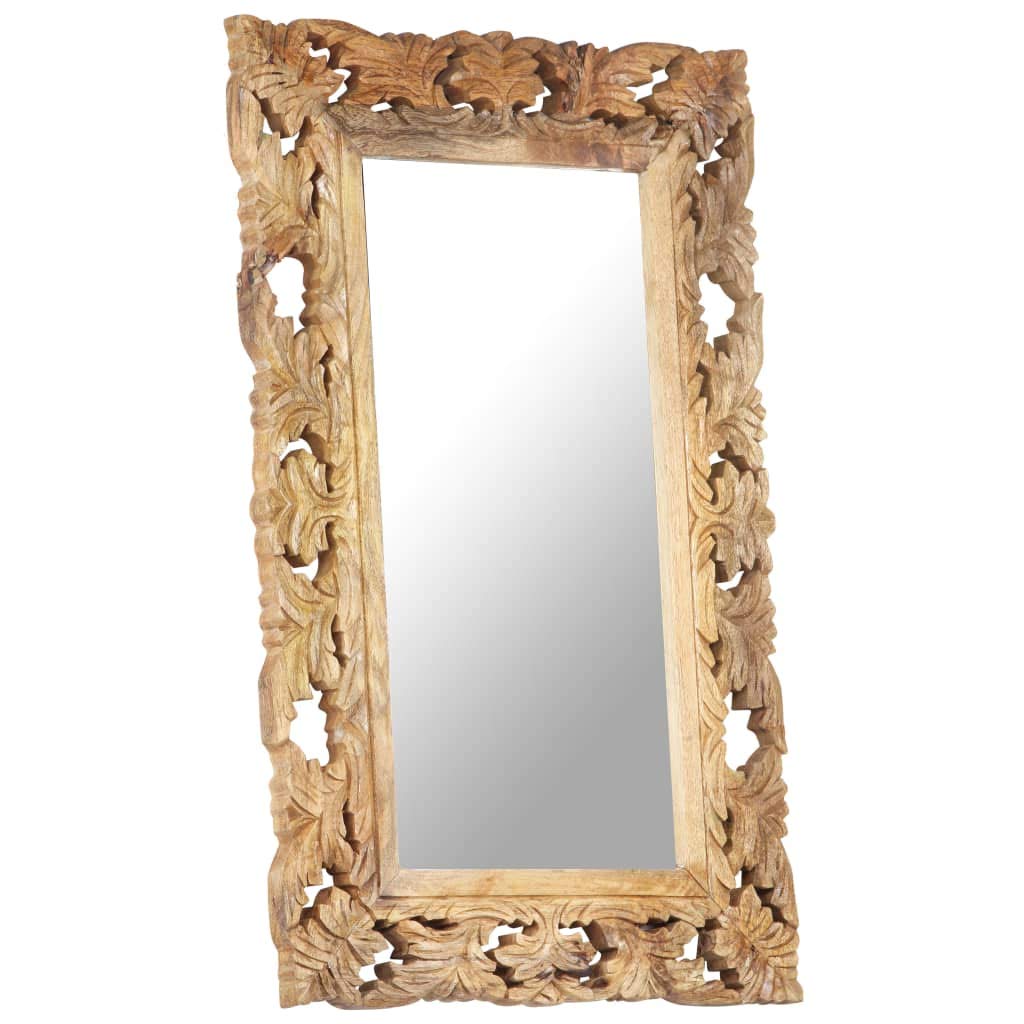 Espejo tallado a mano marrón de madera maciza de mango 80 x 50 cm con acabado natural para salón, baño, pasillo, decoración, cosméticos, maquillaje, cuerpo entero