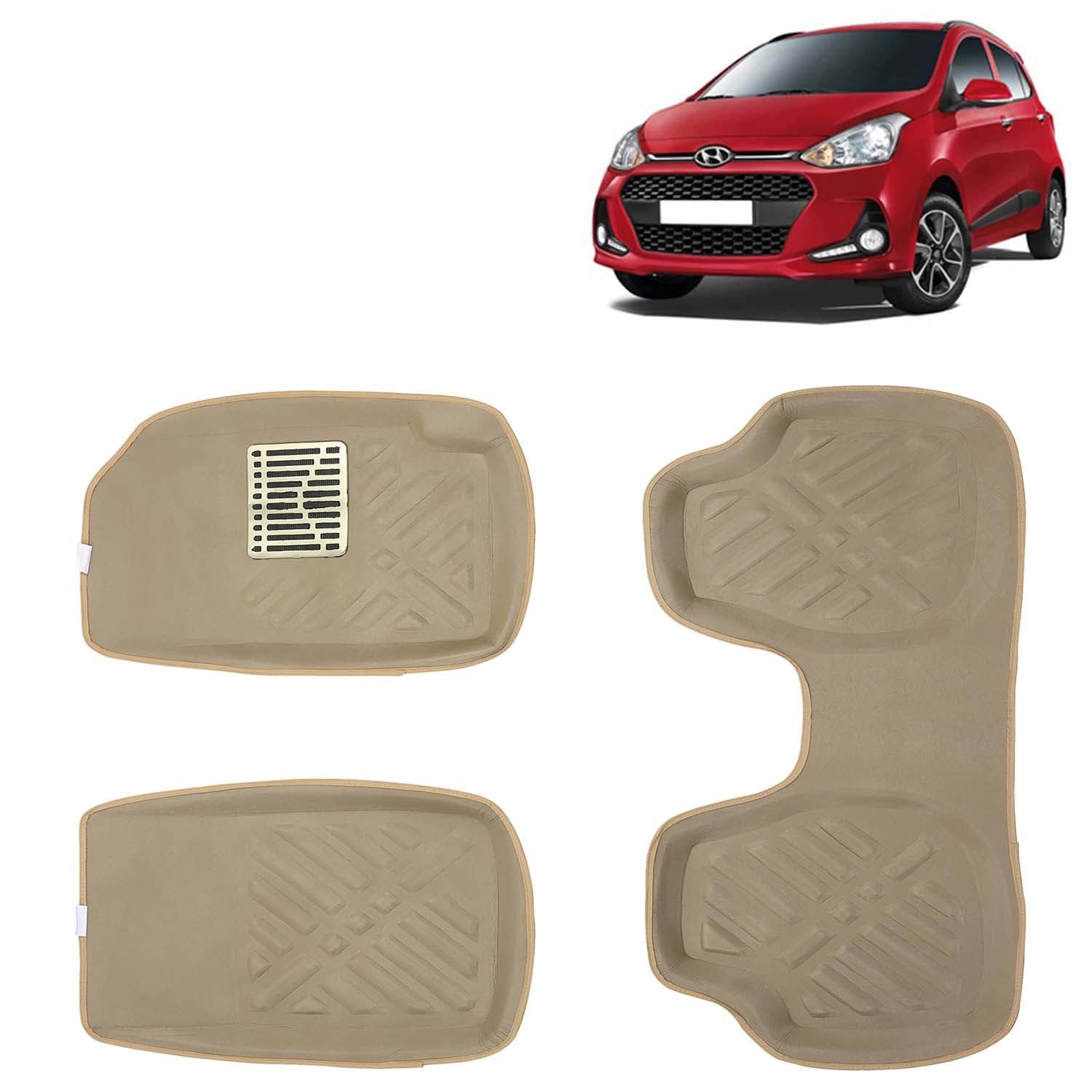 KINGSWAY® 4D Car Floor Foot Mats Compatible with Hyundai Grand I10 (Year 2017-2019) - Complete Set of 3 Pieces, Top-Notch PVC Material, Washable, Beige