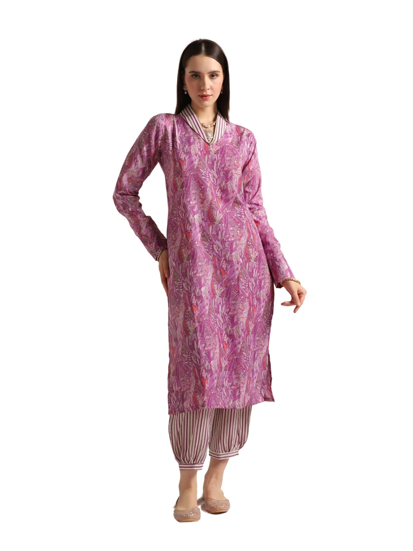 Leriya Fashion Cotton Blend Floral Foil Printed Indian Ethnic Kurta With Pant Set For Women Fancy Patiyala Pant Set For Traditional Ceremony Party Office Wear Kurti Set (Large, Purple)