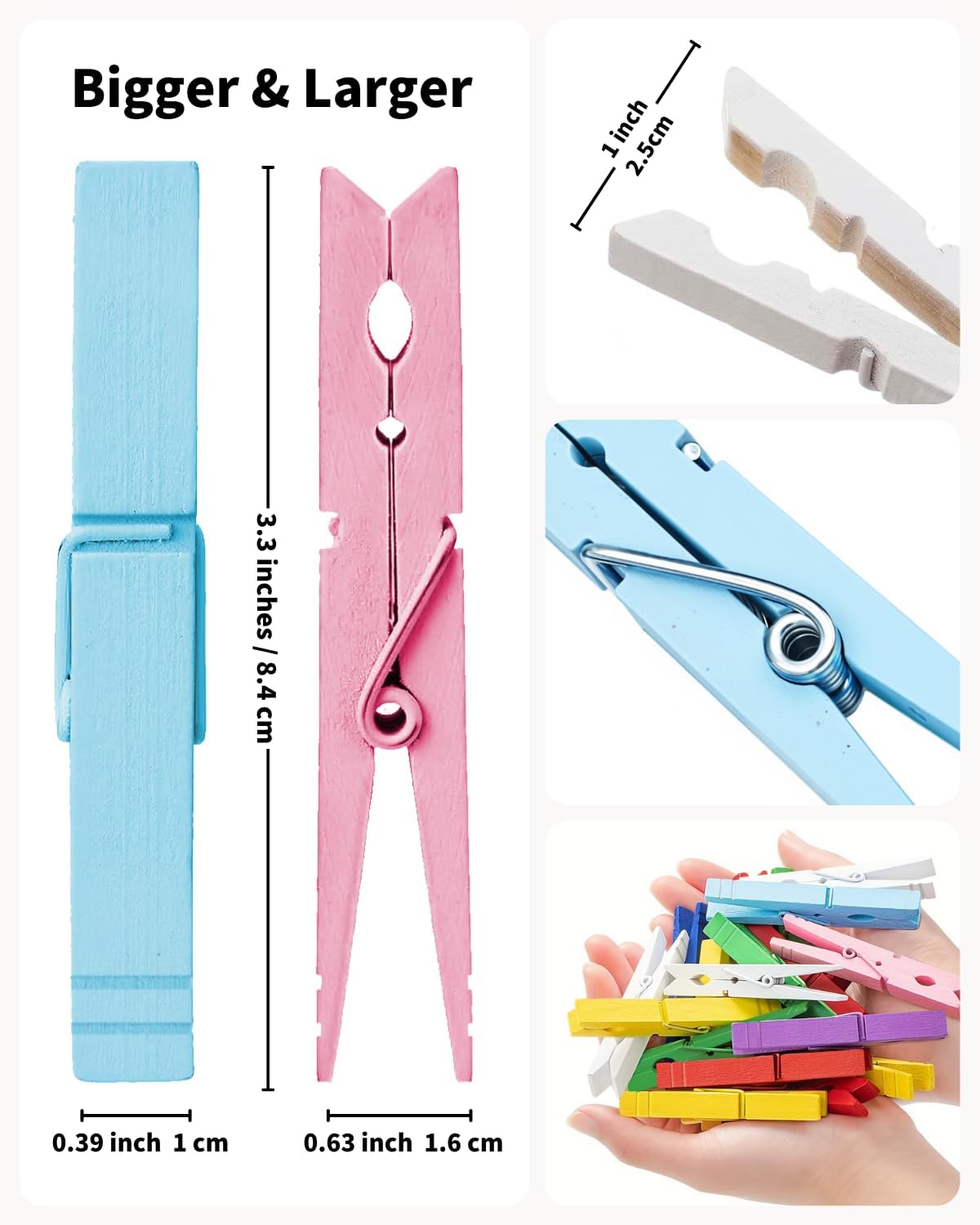 SF SOONEAT Clothes Pins, Wooden Clothespins with Strong Spring, 3.3 inch 50 Pack, Colored Cheer Pins for Bags Photo Crafts Hanging Small Clips Laundry Wood Pegs Clothing Clothesline Close Pin Drying
