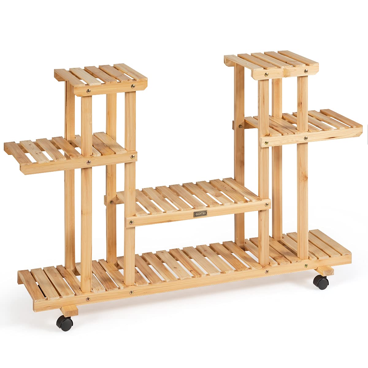 COSTWAY 4-Tier Plant Stand, Rolling Flower Shelving Unit with Detachable & Lockable Wheels, Indoor Outdoor Wooden Pots Display Rack Holder for Living Room Backyard Balcony Garden Patio