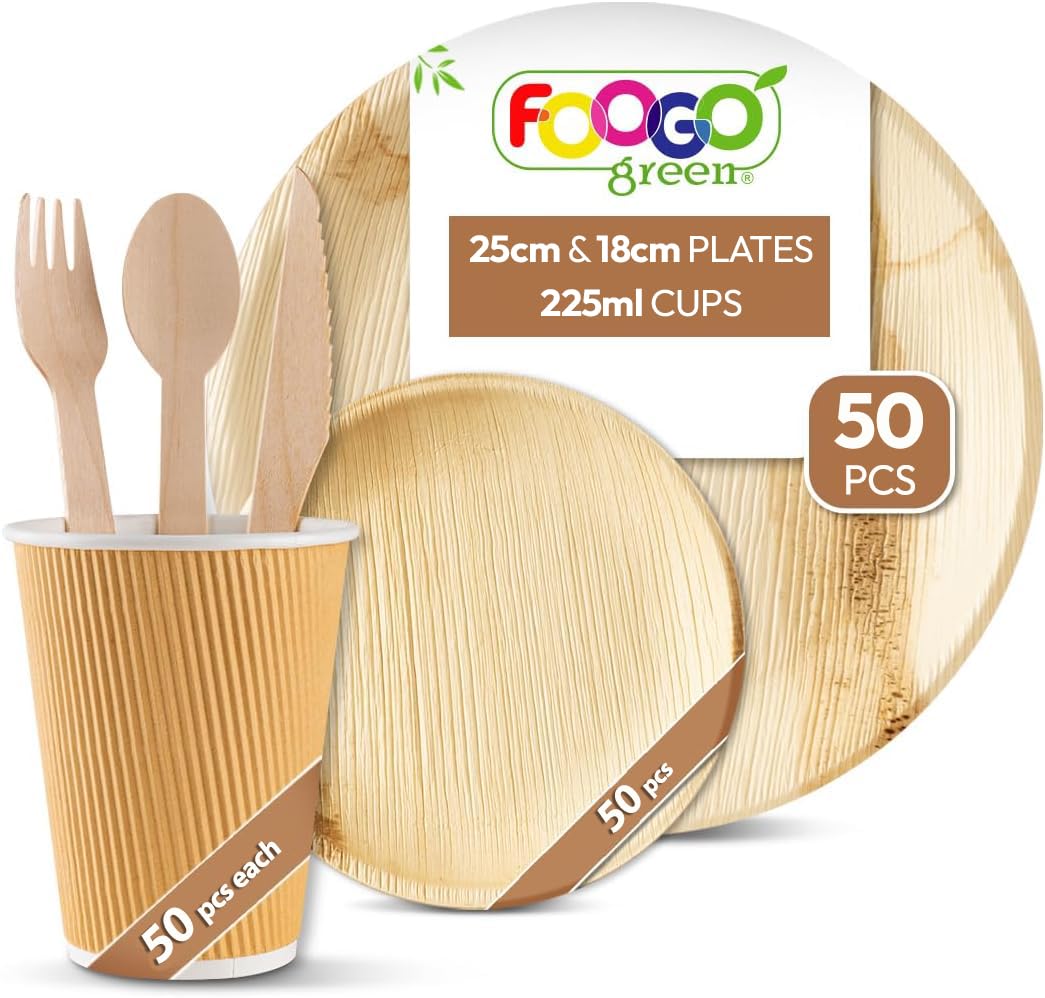FOOGO Green 300pcs Disposable Palm Leaf Plates, Paper Cups and Wooden Cutlery Set, FSC® Certified, 50x Large Round, 50x Small Side Plates, 50x Cups, 50x Forks, 50x Knives, 50x Spoons, Eco