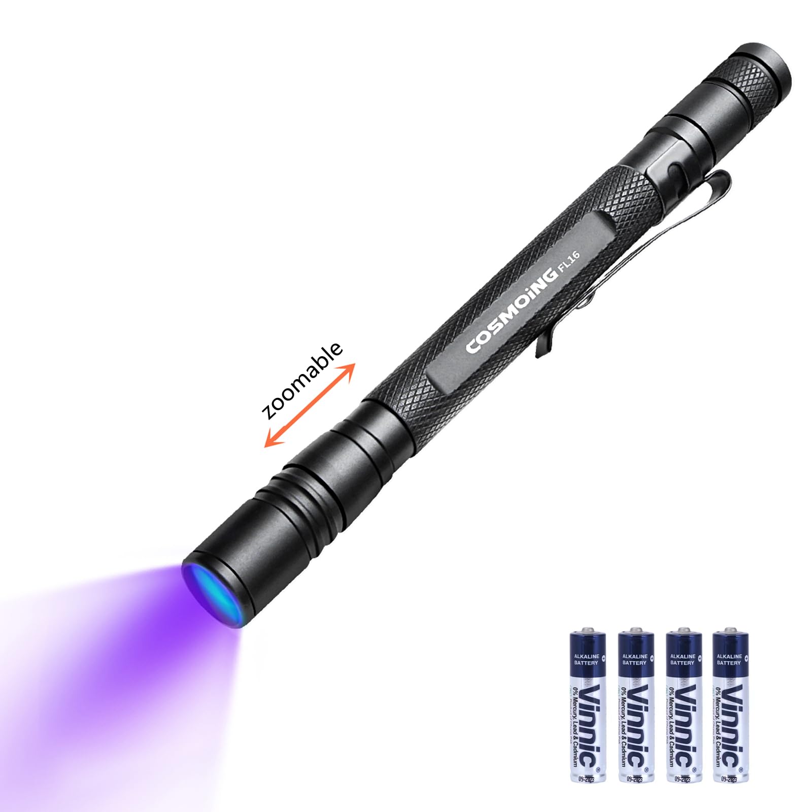 Linterna UV de 395 nm, linterna de luz negra con zoom 4 pilas AAA, linterna ultravioleta para bolígrafo, detector de orina de mascotas para manchas de perros y gatos, chinches de cama,