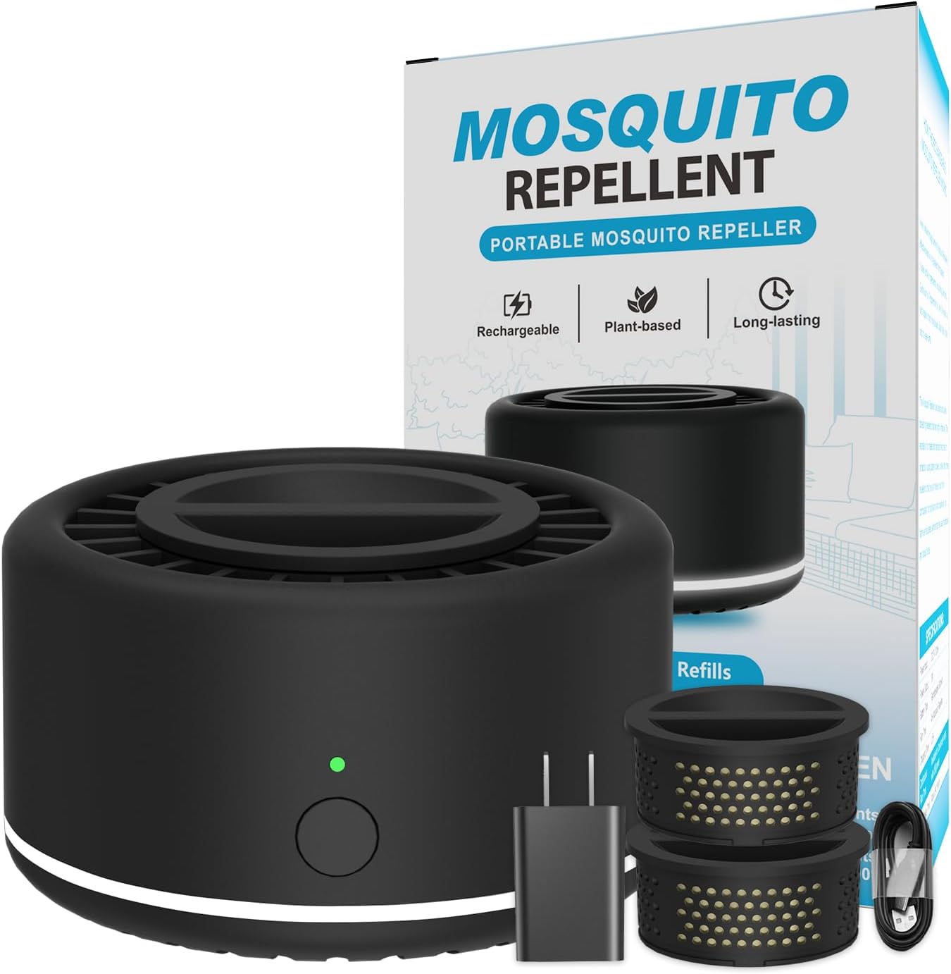 Mosquito Repellent Outdoor Patio, Recharageable Mosquito Repeller 2 Plant-Based Refills, Ready-to-use Mosquito Repeller Device for Camping Outing(Black, Pack of 1)