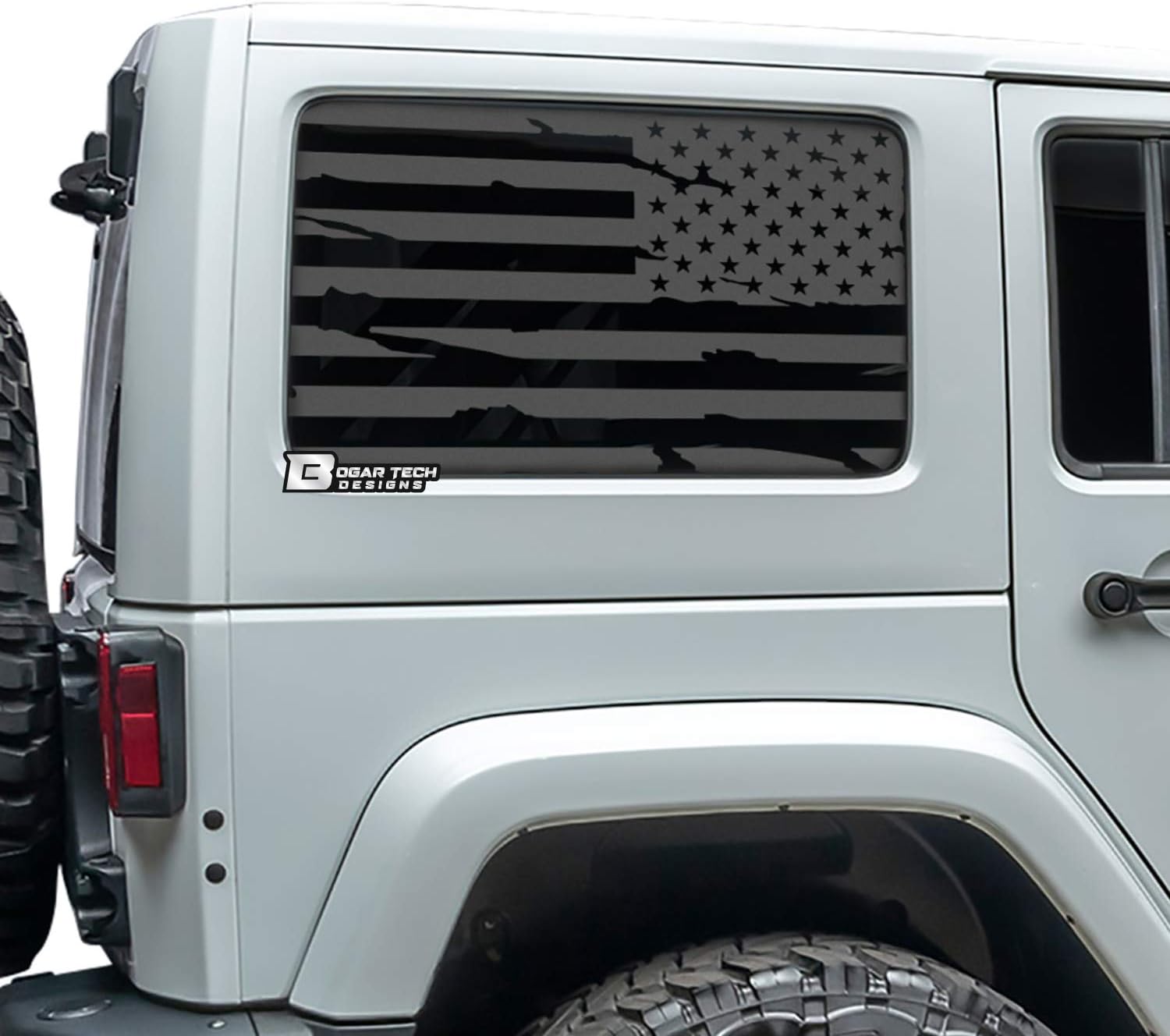 Bogar Tech Designs - Precut American Flag Rear Side Window Decals Compatible with and Fits 4 Door Jeep Wrangler JKU 2011-2018, Distress Matte Black