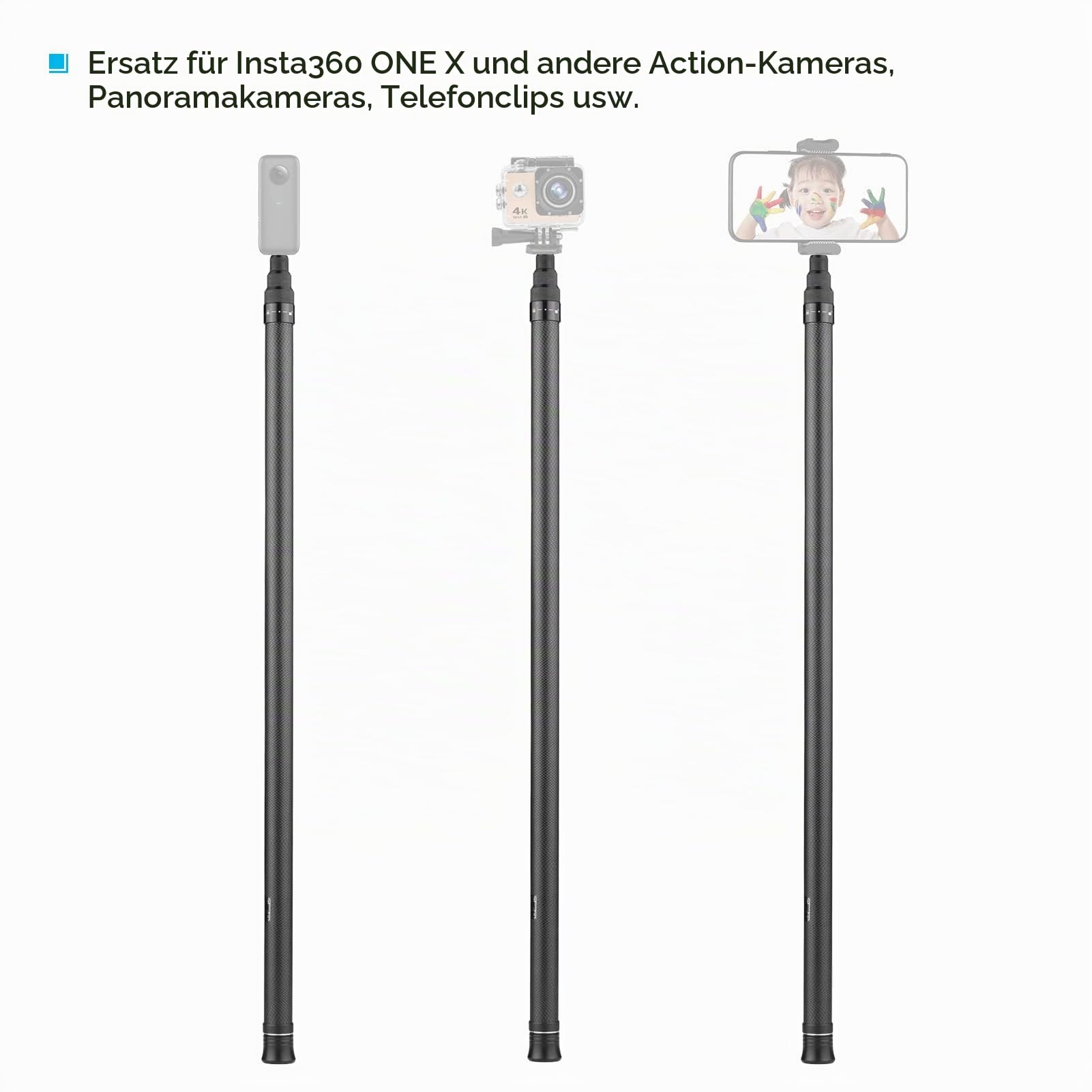 Andoer 3 m Lange verstellbare Kohlefaser-Verlängerungsstange mit 1/4-Zoll-Schraube für Insta360 One X/One X2/One R Panoramakamera