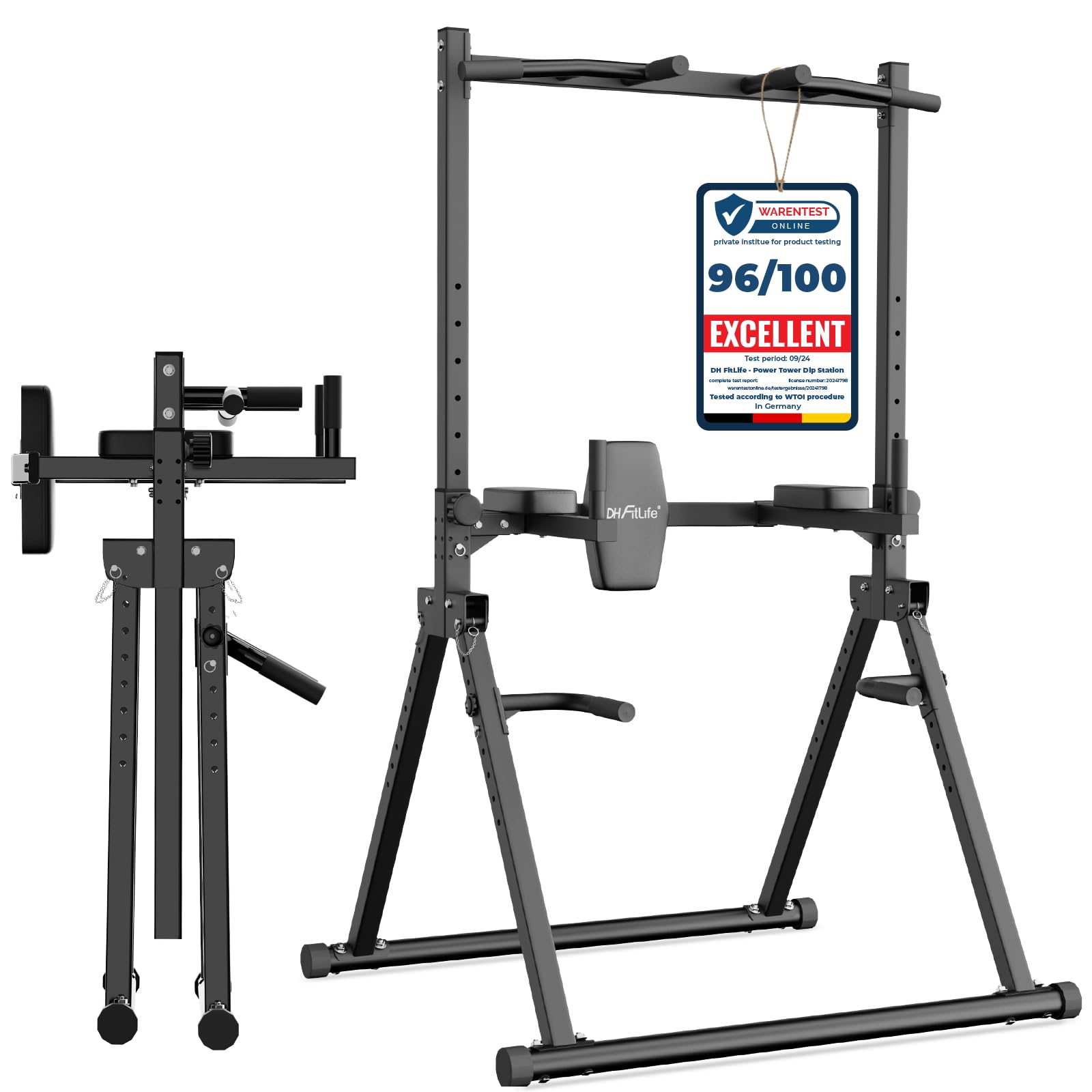 DH FitLife Składana Power Tower Dip Station do 210 kg | Wolnostojący Drążek do Podciągania z Poręczami do Dipów i Trenerem Pleców | Stacja Treningowa | Wieża Siłowa | Stacja Fitness do Domowej Siłowni