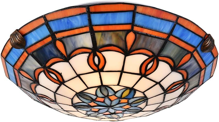 Tiffany Flush Mount Light Glass Shade Ceiling Light Fixture with 12 Inch Stained Glass Shade for Dinner Room Living Room Bedroom Corridor Pendant Hanging 2- Light (S)