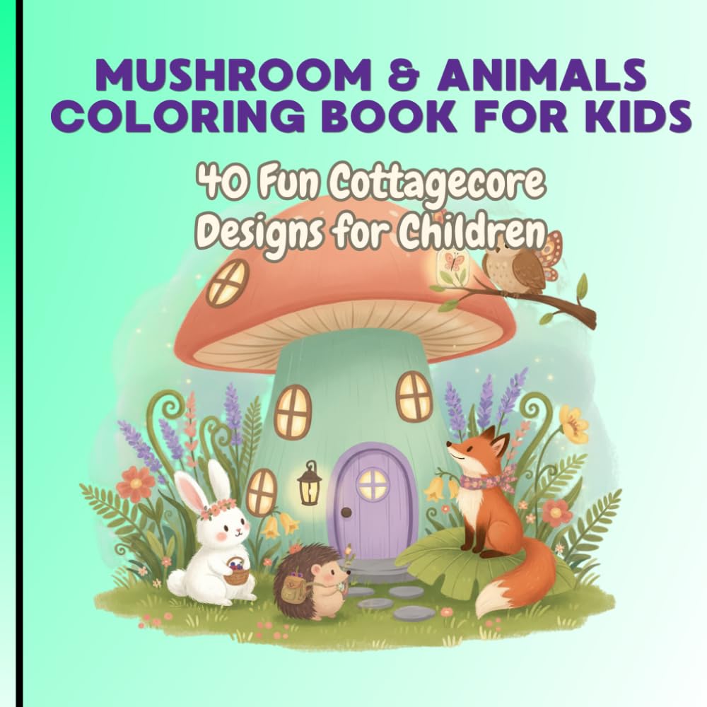 Mushroom & Animals Coloring Book for Kids: 40 Fun Cottagecore Designs for Children