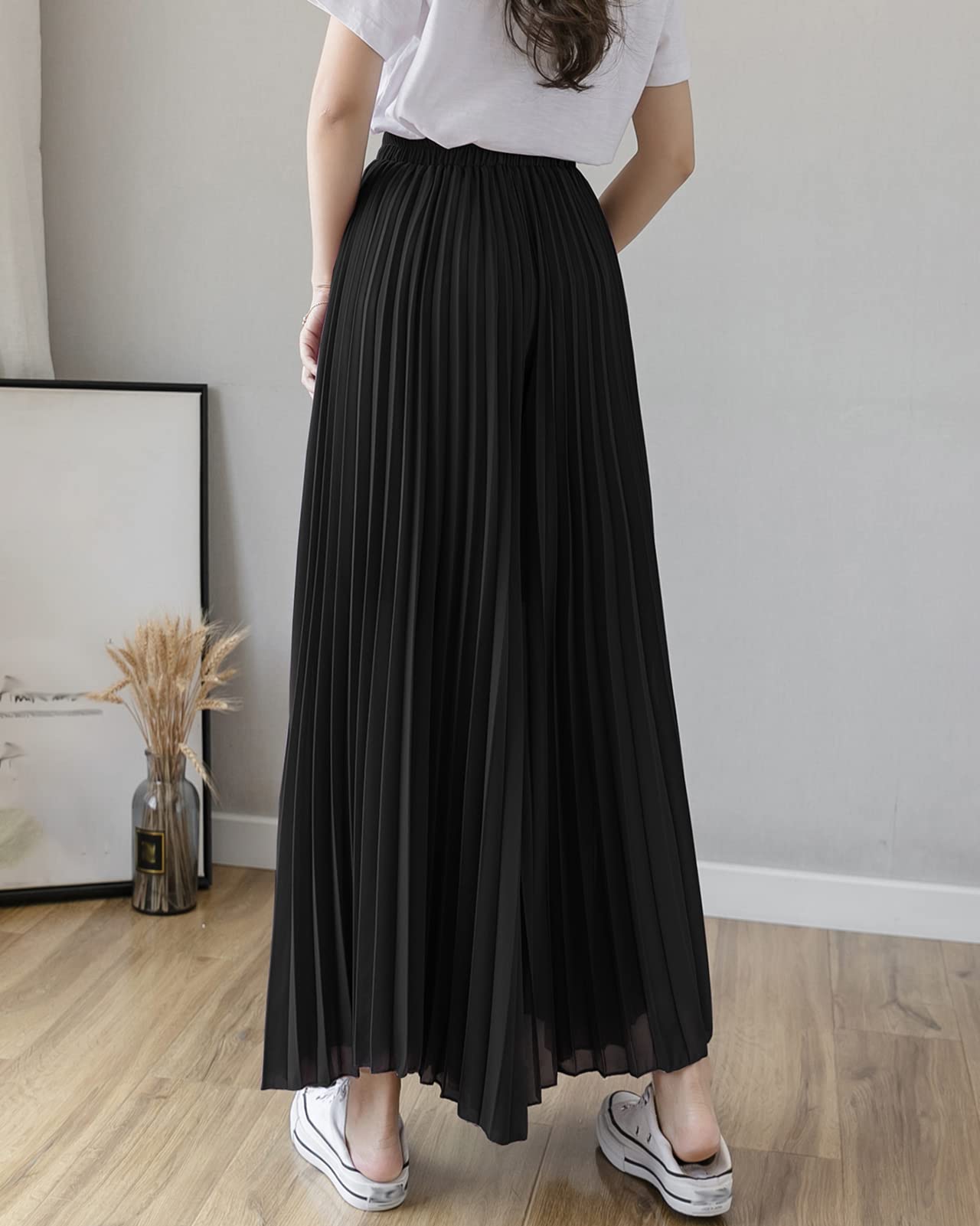 Pantalon Large Femme Plissée Taille Haute Léger Décontracté Confortable Pantalon de Mousseline Jupe-Culotte Femmes