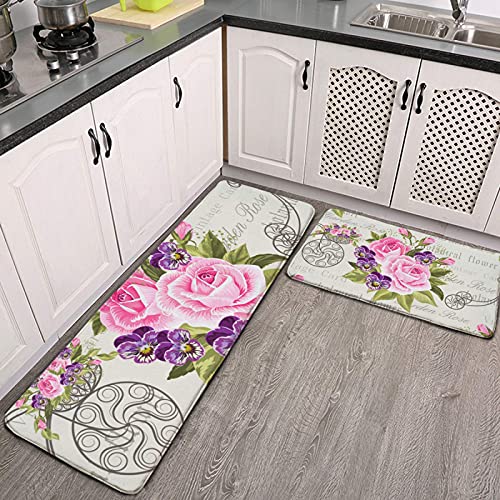 Set of 2 Kitchen Rugs and Mats Cushioned Anti Fatigue Comfort Runner Mat for Floor Rug Happy Valentine\'s Day Vintage Floral with Pink Roses Flowers Waterproof Standing Rugs Bath Rug Doormat Carpet