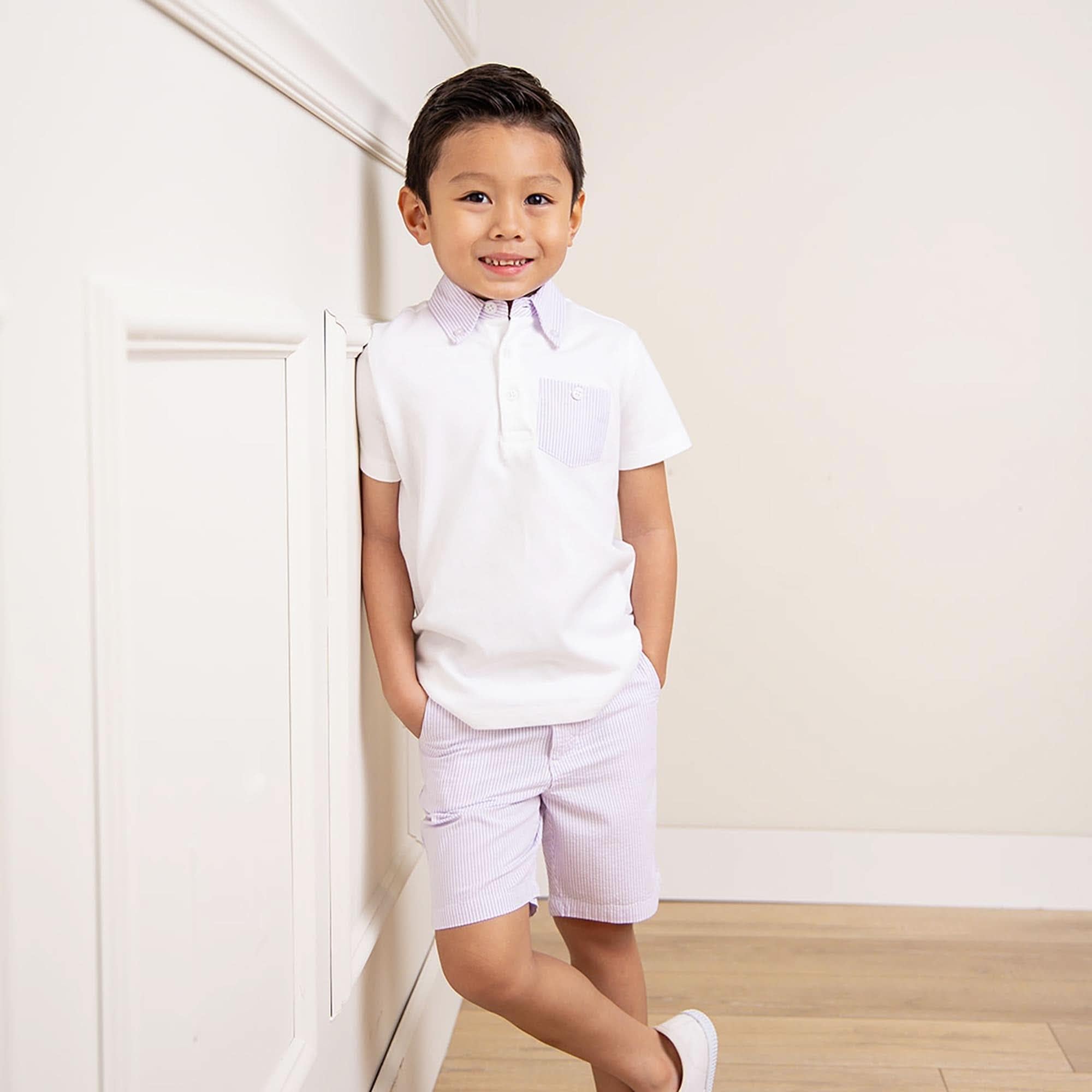 Hope & Henry Baby Boys' Organic Short Sleeve Jersey Polo with Seersucker Trim, 18-24 Months, White with Lavender Seersucker Trim