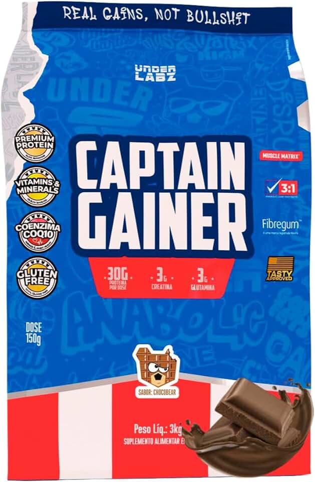 Captain Gainer Under Labz Hipercalórico Chocobear 3kg – Suplemento para Ganho de Peso e Massa Muscular com Alto Teor Calórico, Proteínas de Qualidade e Carboidratos Complexos, Energia e Força para Treinos Intensos