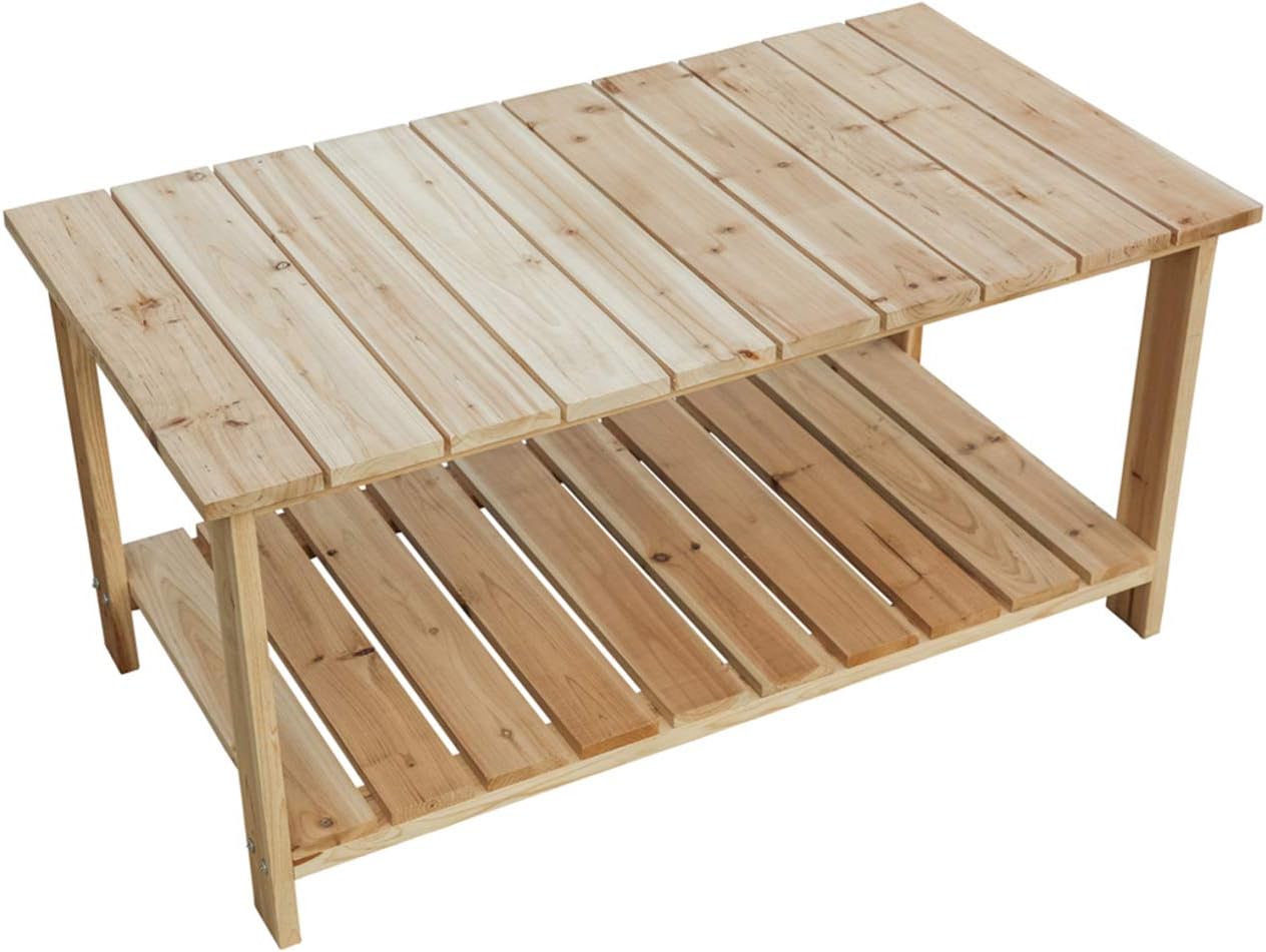 Festival Depot Natural Wood Outdoor Furniture Adirondack Patio Bistro Rectangle Dining Wooden Table Top with Steel Legs 2-Shelf Storage 37. 5(L) x 20. 1(W) x 18. 5(H),Wood Color