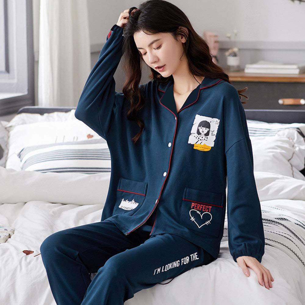 YUHOOE Conjunto De Pijamas De Mujer,Algodón Suave Lindo Estampado con Botones Conjunto De Pijama Ropa De Dormir De Manga Larga Tops Y Bottom Pjs Set Nightwear Loungewear para Damas,Azul Marino,M