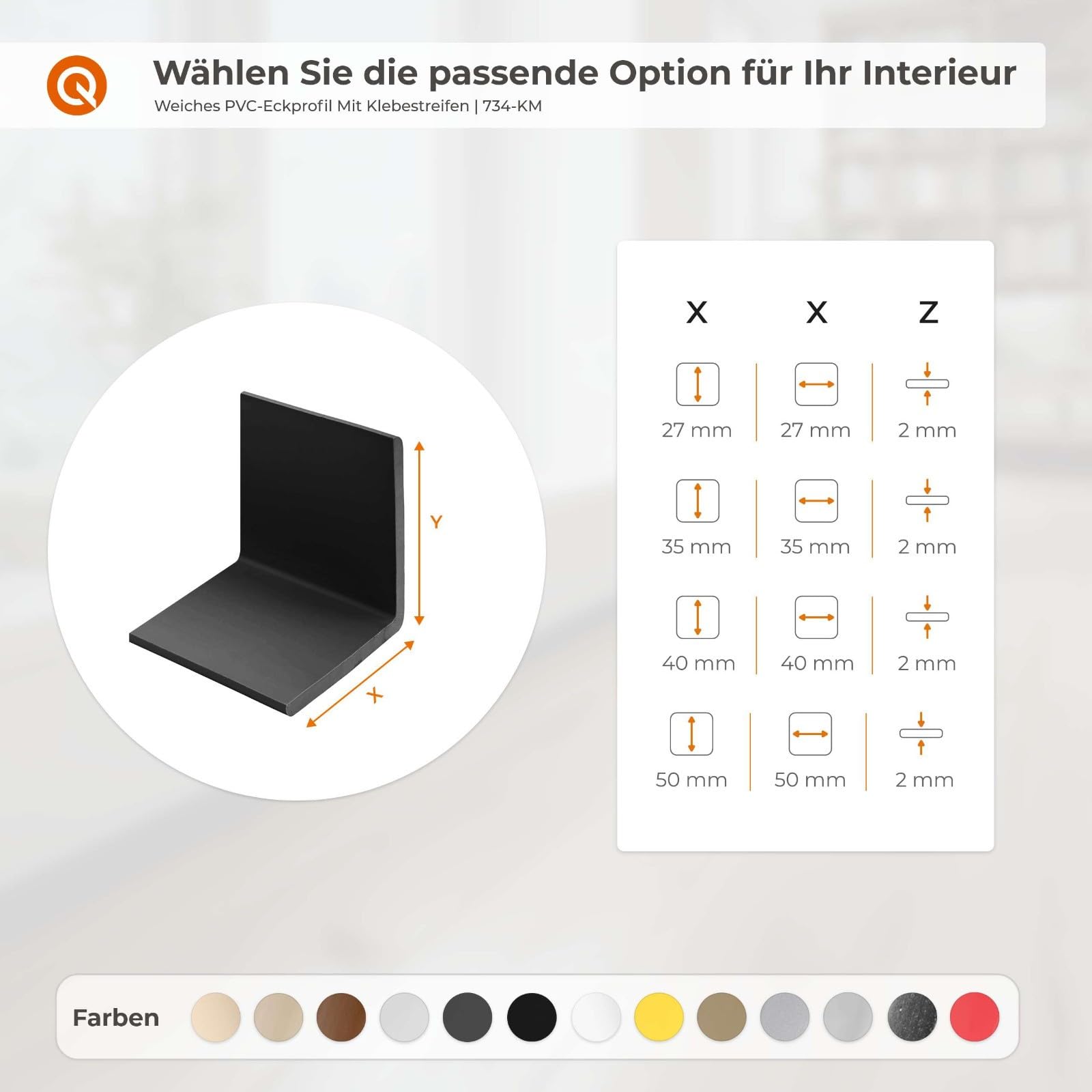 Quest Cornière PVC 40x40mm – Profilé d’Angle de Protection autoadhésif, Souple, Baguette pour rebords et Coins – Noir, 200cm