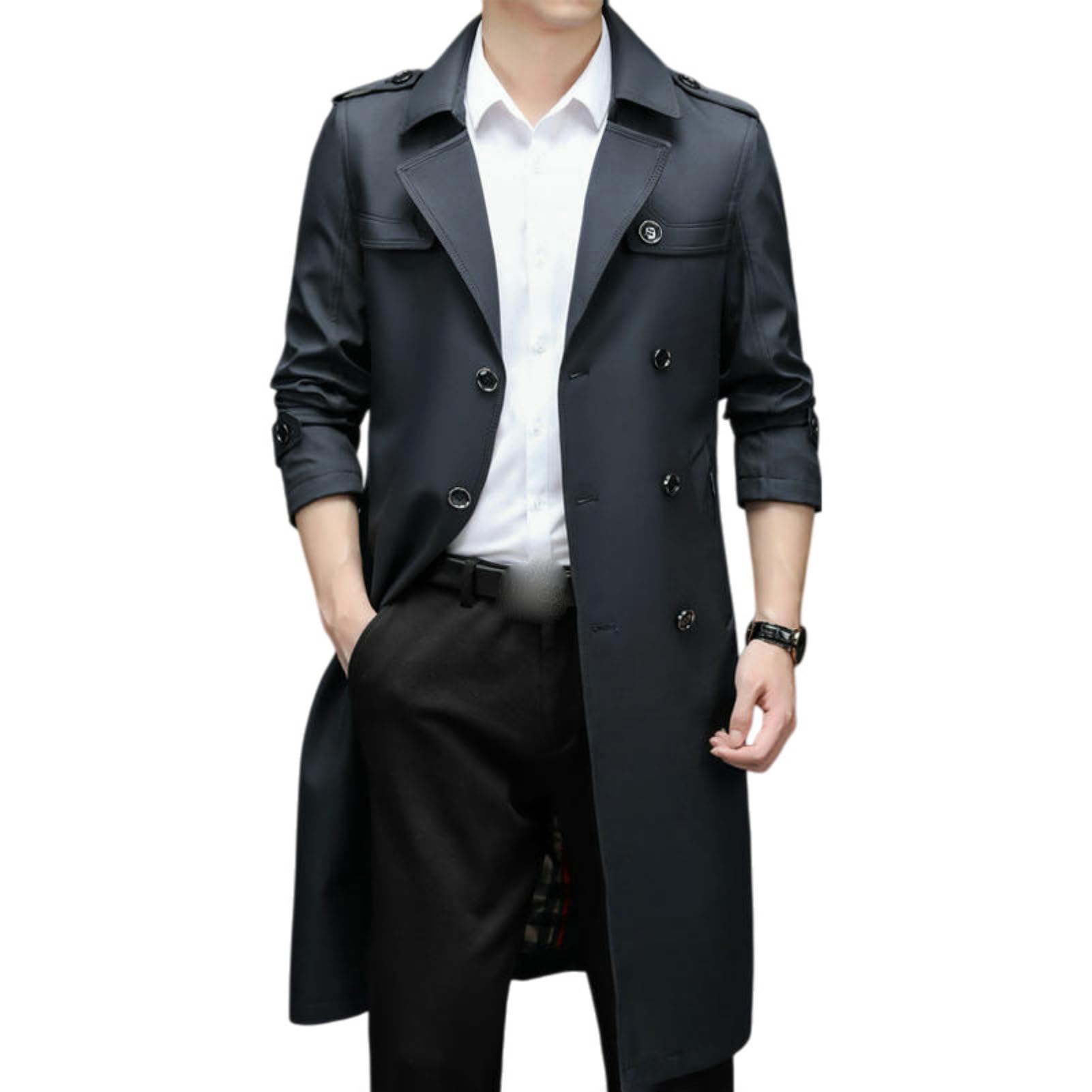 Gabardina de doble botonadura para hombre estilo coreano abrigo ligero primavera otoño 8