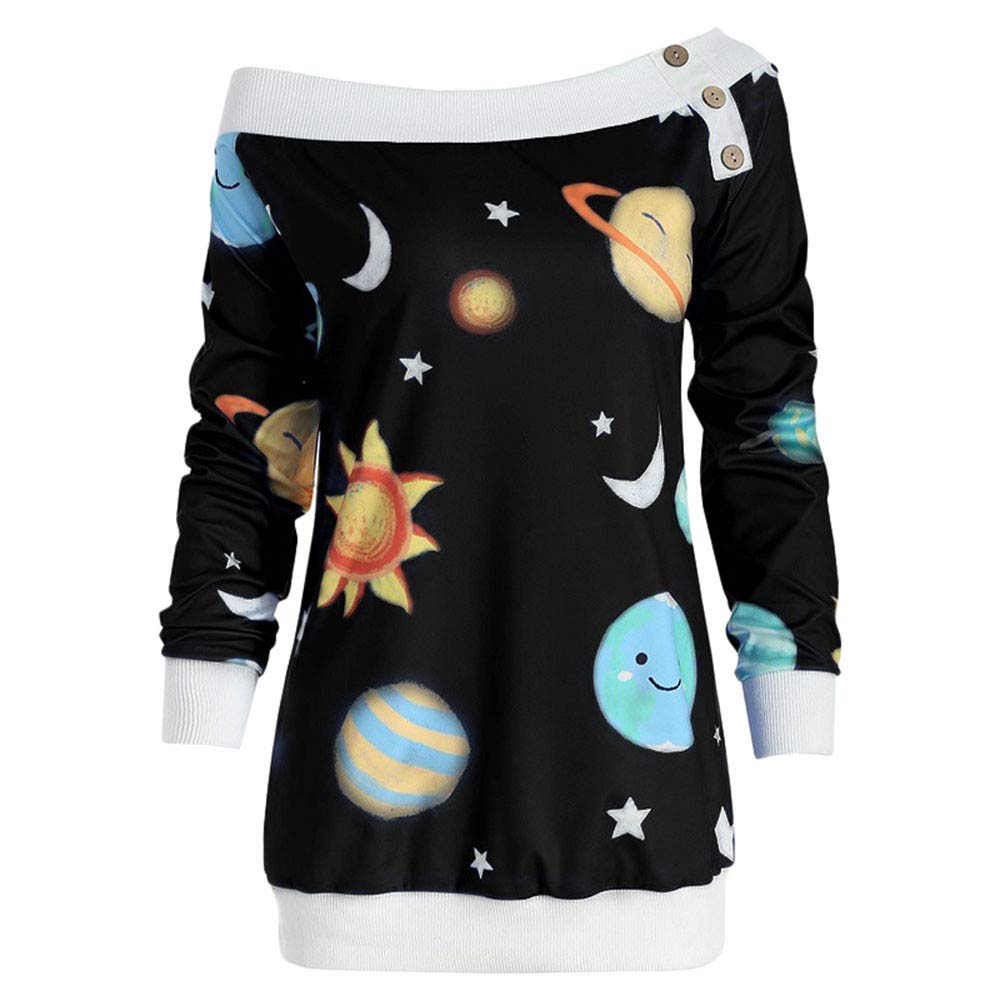 Hosamtel Women Off Shoulder Long Sleeve T-Shirt Space Sun Moon Star Print Fashion Casual Blouse Tops Sweatshirt
