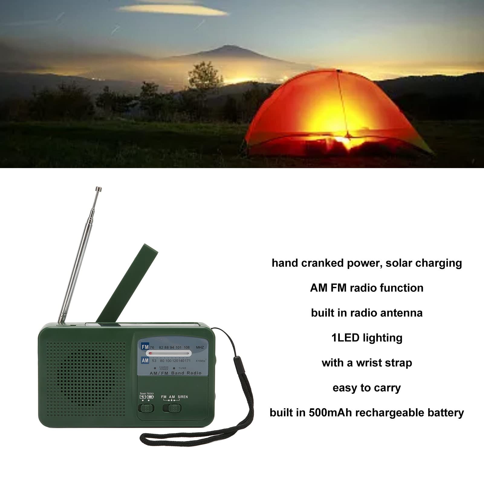 Radio solare, AM FM a manovella, radio di emergenza con torcia a LED, batteria ricaricabile da 500 mAh, per campeggio, viaggi (verde)