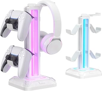 حامل سماعة رأس KDD RGB مع 9 أوضاع ضوئية - حامل وحدة تحكم للمكتب - حامل سماعة رأس قابل للتدوير وخطاف وحدة تحكم قابل للفصل لملحقات سماعة الكمبيوتر أبيض