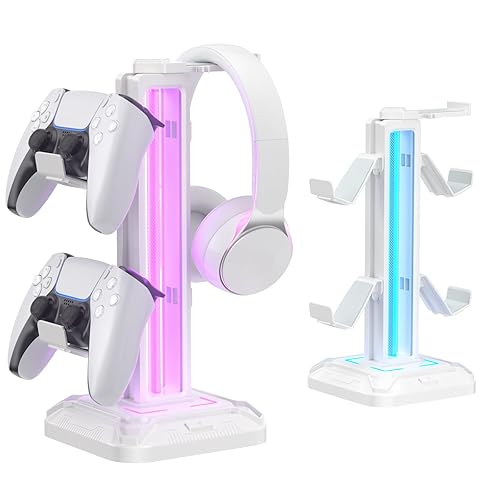 KDD RGB Headset Stand with 9 Light Modes - Controller Holder for Desk - Rotatable Headphone Stand & Detachable Controller Hook for PC Earphone Accessories(White) - White