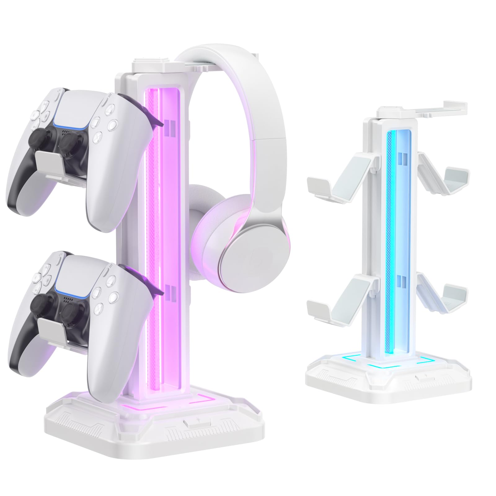 KDD Supporto Cuffie Gaming con 9 Modalità di Illuminazione - Porta Cuffie da Scrivania - Ruotabile Porta Controller & Staccabile Gancio Cuffie per Accessori Gaming Stanza PC Xbox PS5 PS4 (Bianco)