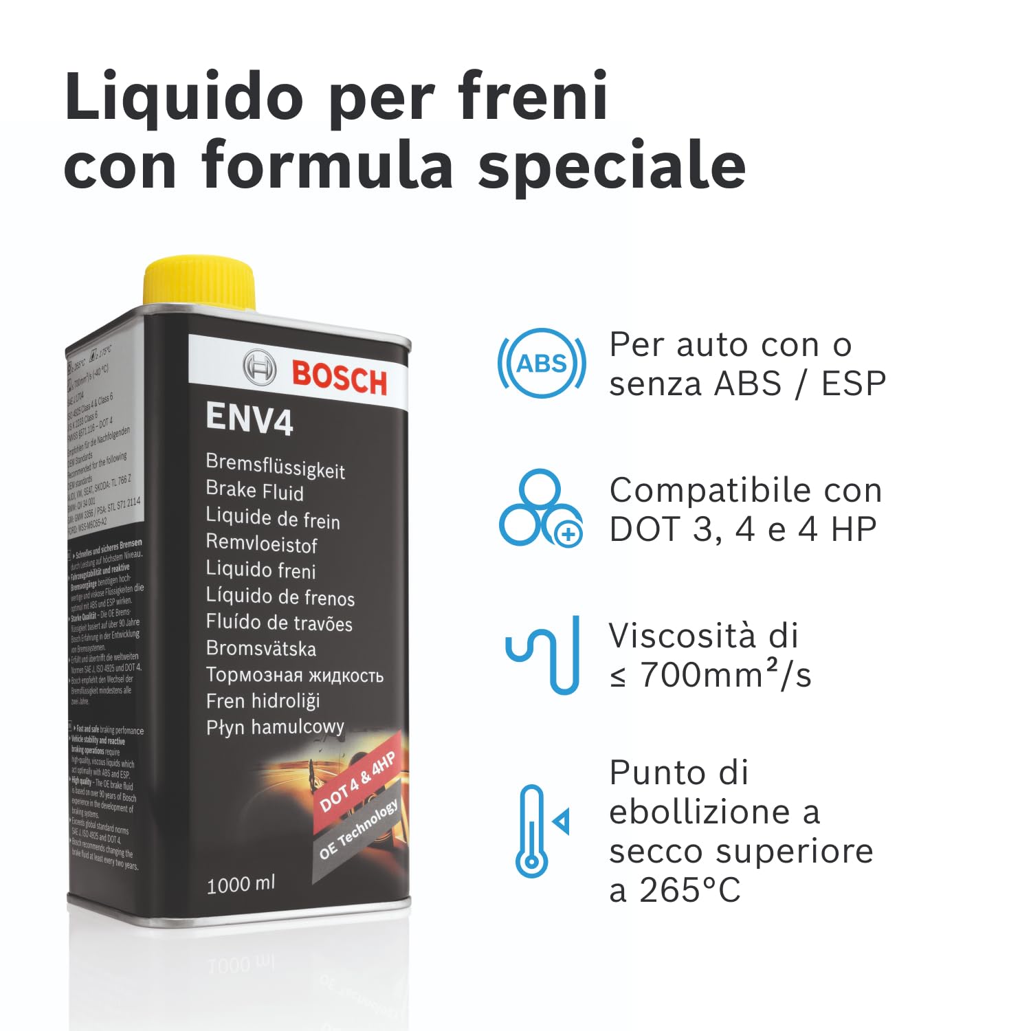 Liquido Freni Bosch ENV4, 1 L – Per tutti i veicoli moderni con freni ABS e ESP – Qualità Bosch – Compatibile con DOT 3, 4 e 4 HP/LV