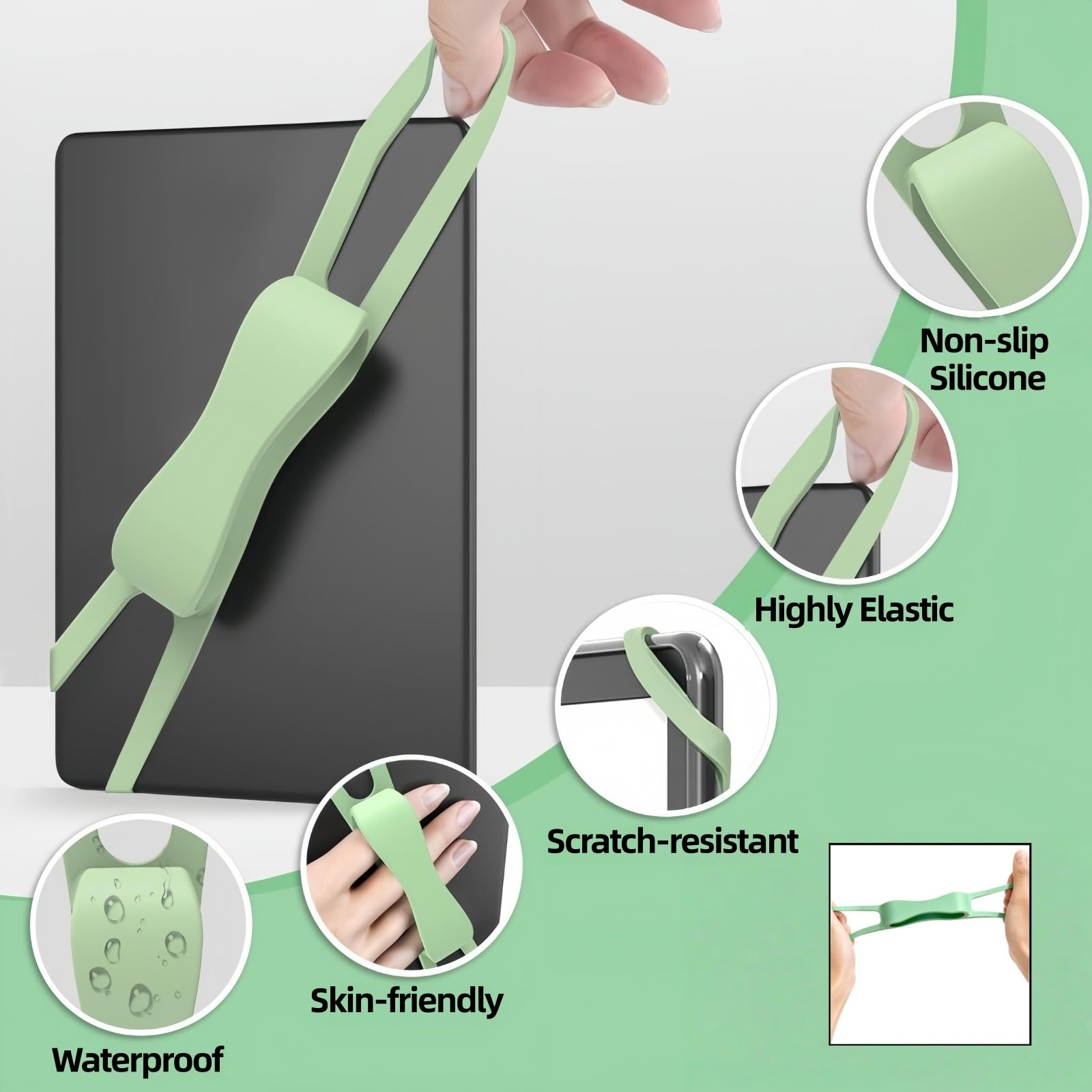 Hand Strap Holder Compatible with Kindle, Secure Comfortable Grip Accessory for Reading in Bed, Lightweight Elastic Hand Strap Compatible with 4.7-8" Kindle Paperwhite/E-Books/Tablets (Green) — view 2