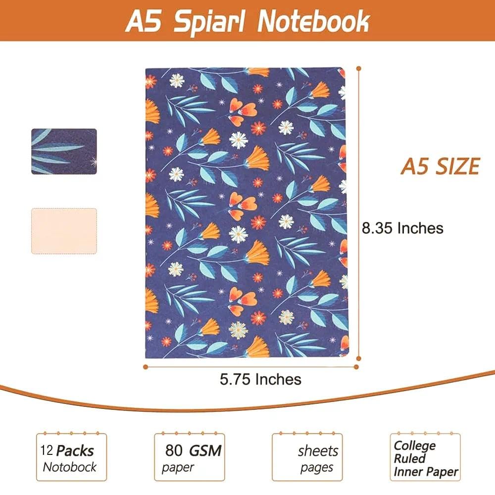 Packung mit Tagebüchern zum Schreiben, A5, Reisen, Notizbuch, Großpackung – 12 Stück mit 60 linierten Seiten, 30 Blatt und geprägtem Einband mit floralem Glücksmuster (14 x 21 cm)
