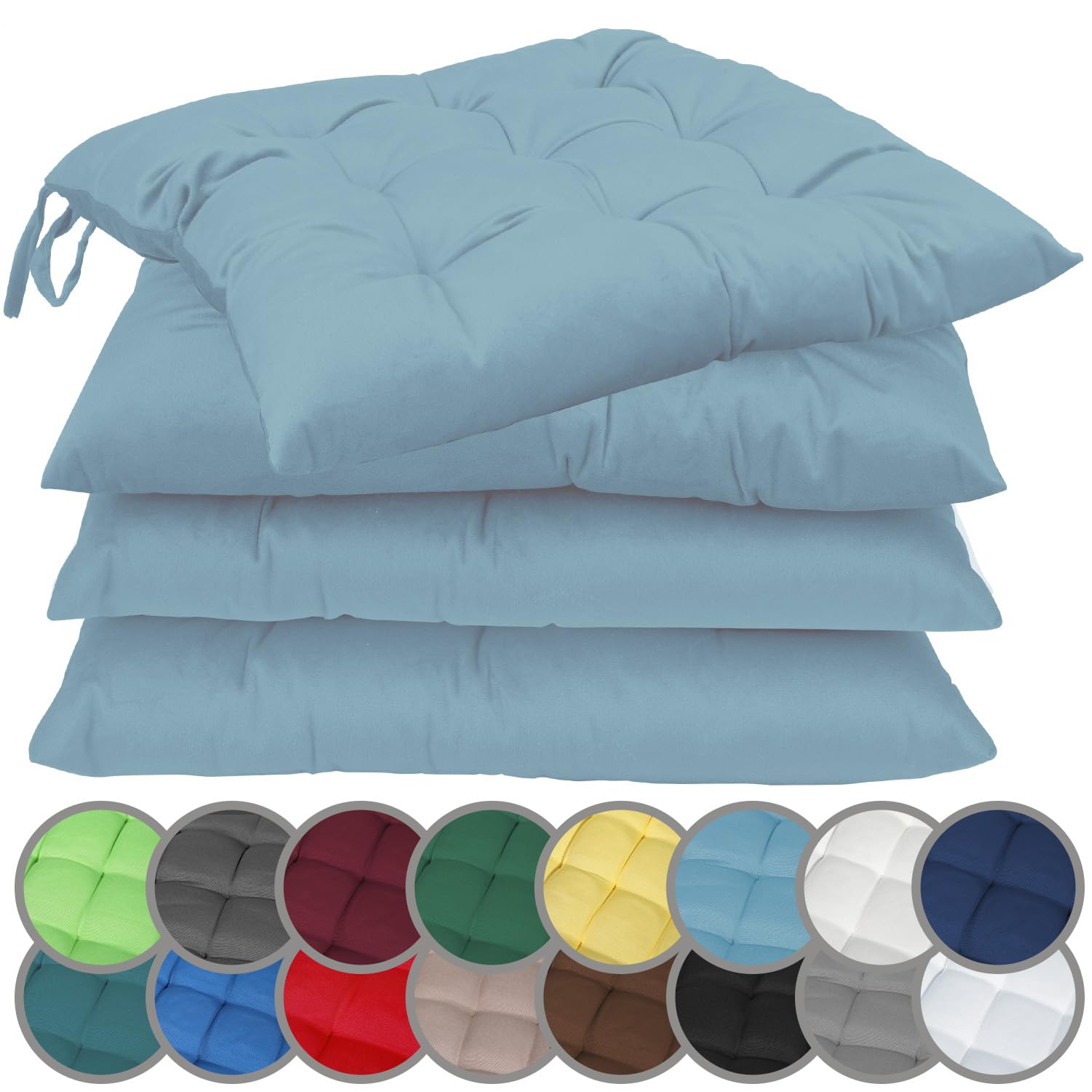 NatureMark Paquete de 4 Cojines para Silla con Lazos, tamaño 40x40 cm, cojín de Asiento Relleno, Azul Claro