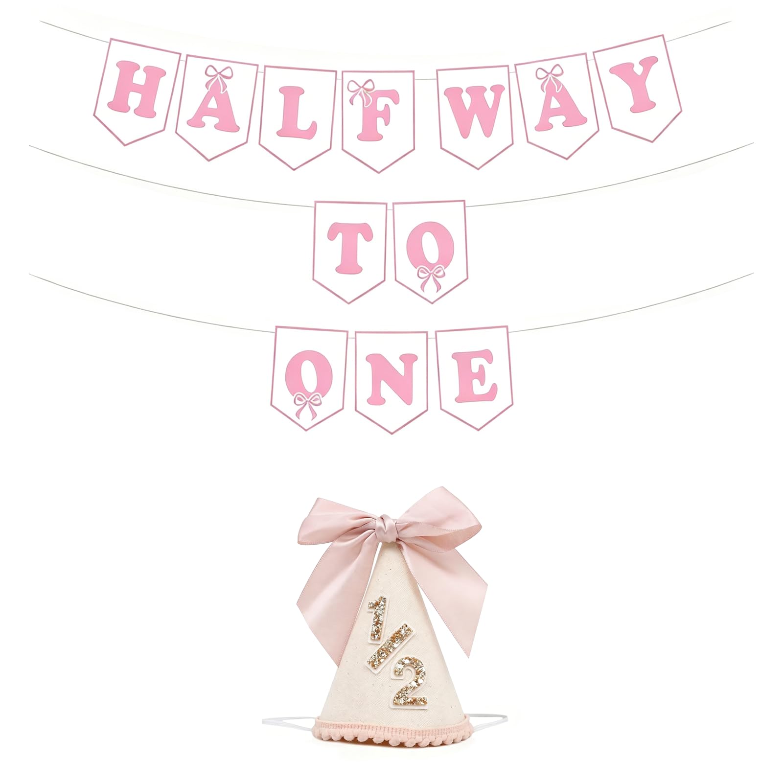 Daxiangsheng Half Way to One Banner and Bow Hat for Baby Girl, 2pcs