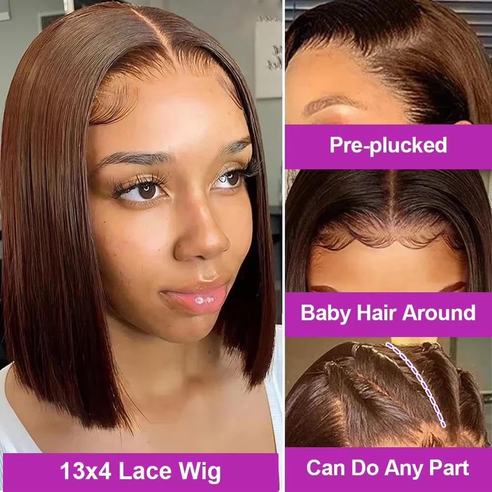 Accessori Parrucche Parrucca Caschetto Corto 100% Capelli Umani Senza Colla 13x4 HD Frontale In Pizzo Marrone Cioccolato Prepizzicato(13x4 HD Lace Wig,250%_14INCHES)