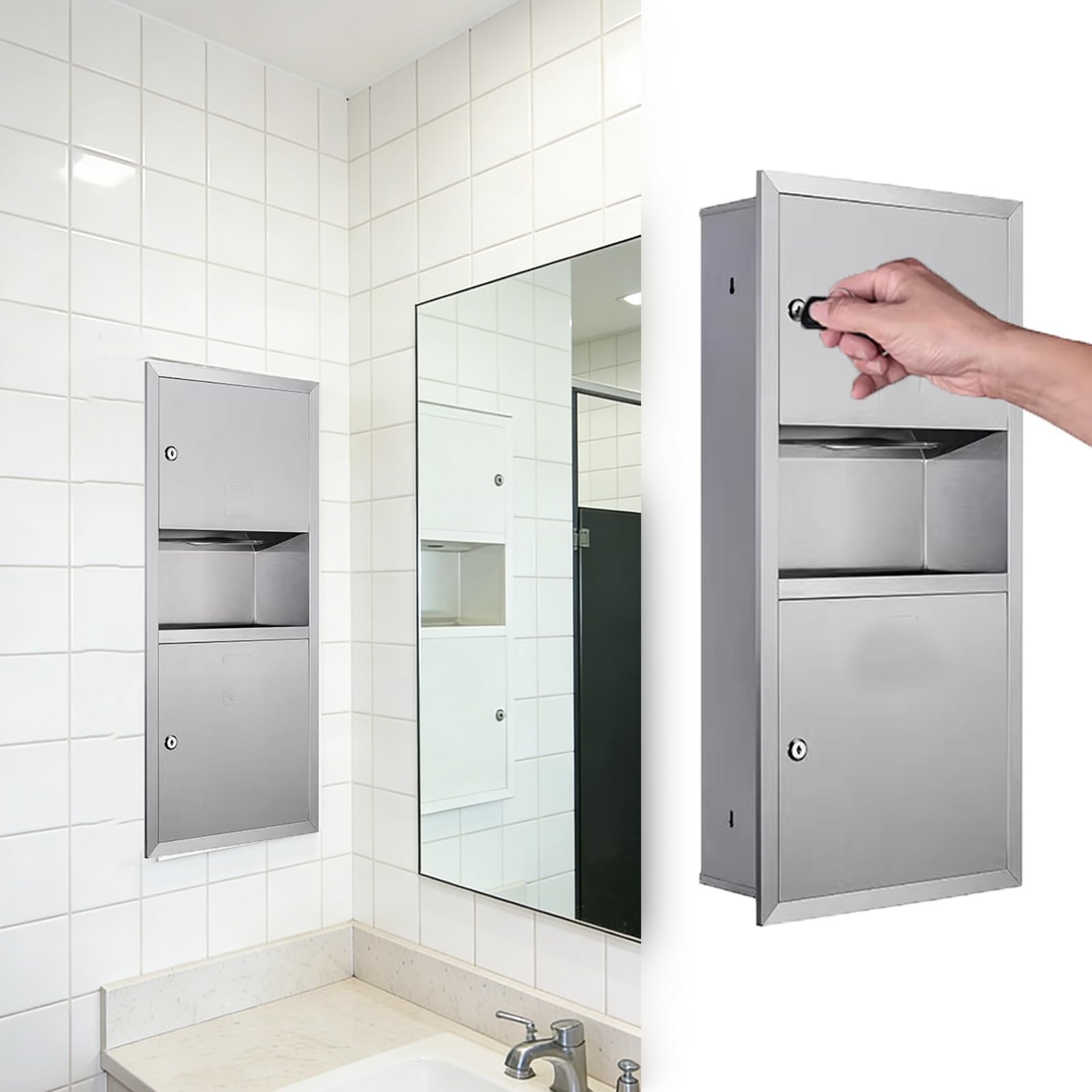 Soporte de pared para papel higiénico con cerradura y llave y armario empotrado para almacenamiento de baño y ducha