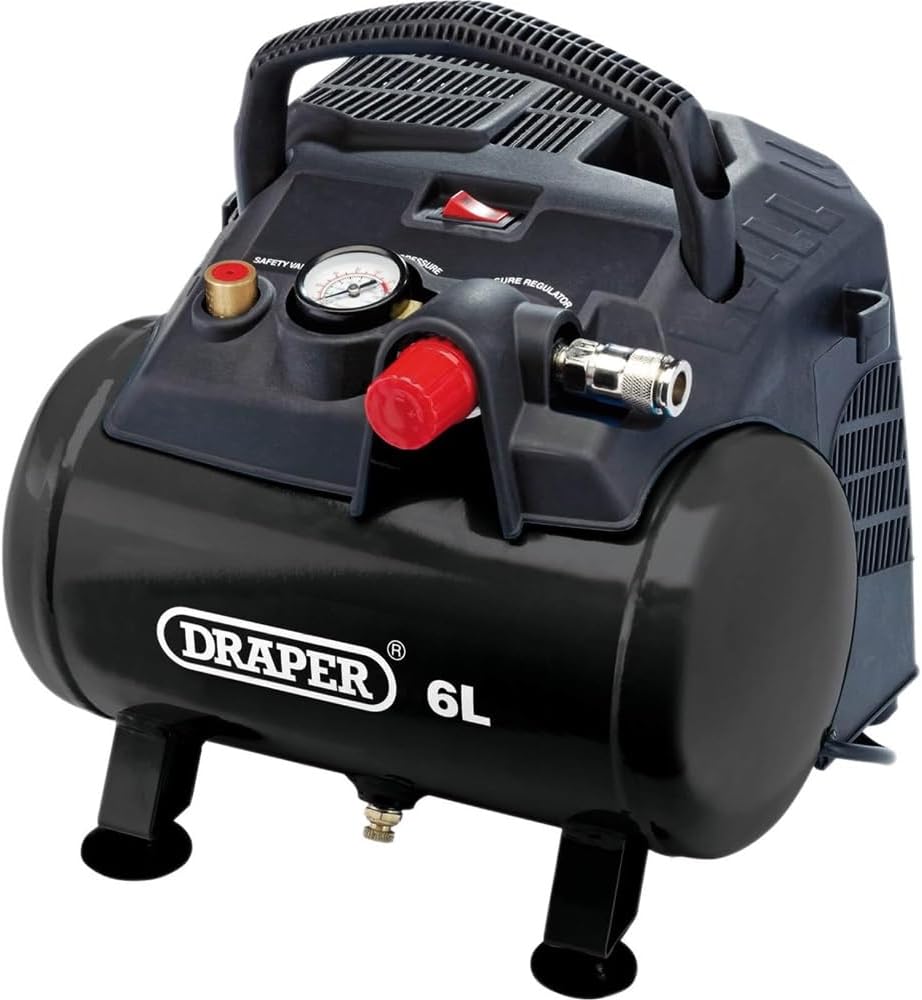 Draper 6L Oil-Free Air Compressor 116psi Max Pressure | 1.2kW 1.5hp 4000rpm Motor | 185l/min Max Capacity | Quick Euro Coupling Outlet | 1.7m Cable | Pressure Switch | Air Outlet Gauge | 02115