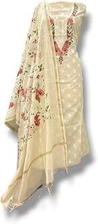 Banarasi Cotton Silk Unstitched Suit Set, Off white with Floral Embroidery, 3 Piece Traditional Dress Material Price In India