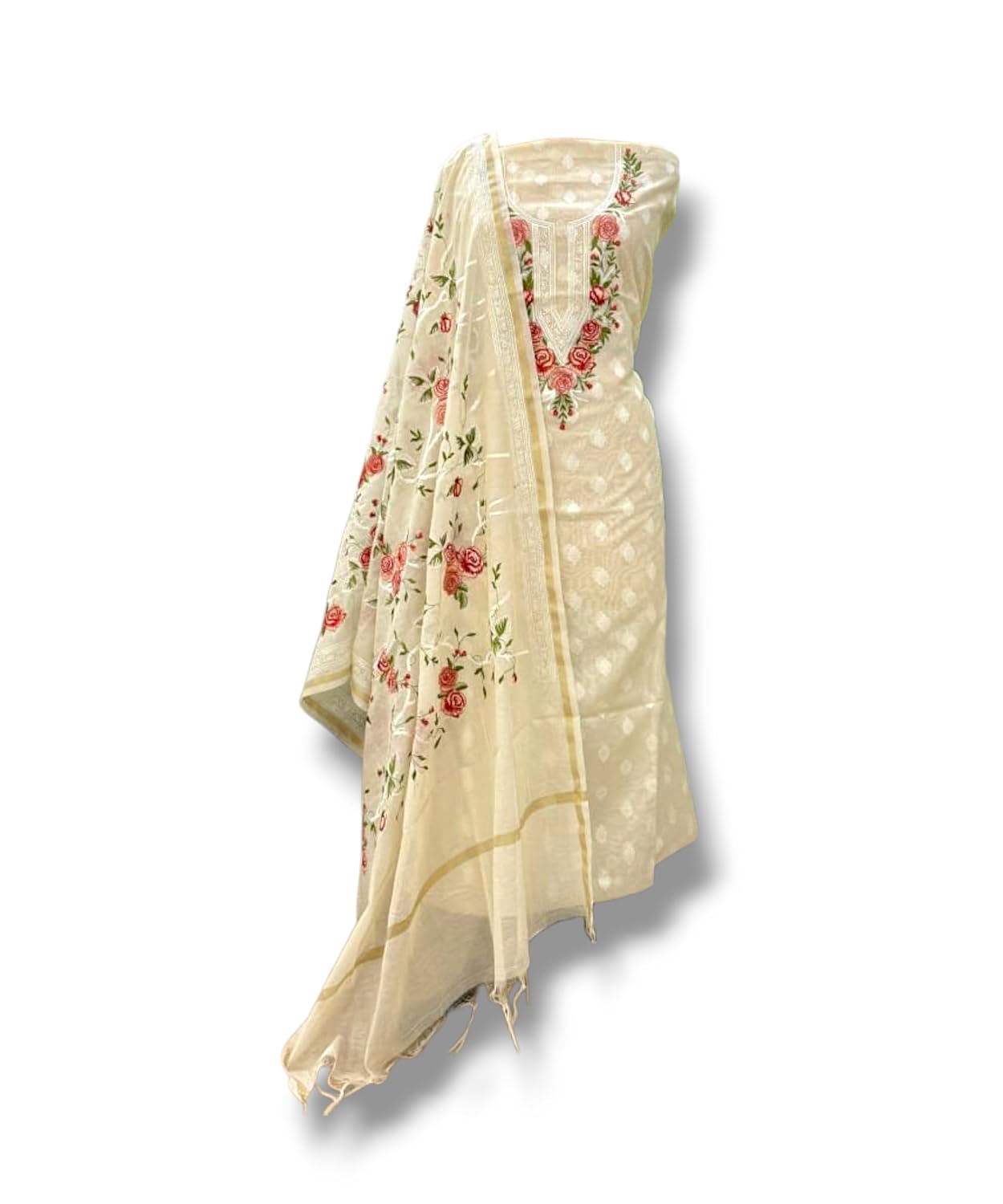 Banarasi Cotton Silk Unstitched Suit Set, Off white with Floral Embroidery, 3 Piece Traditional Dress Material - Review, Price and Buying Guide