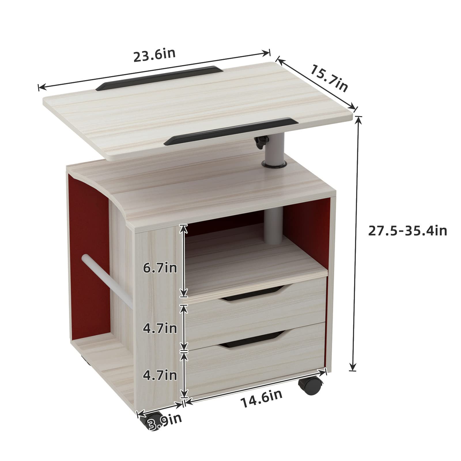 SogesHome Mesita de Noche Móvil Mesita Auxiliar con Soporte Portátil Regulable, Mesa con Ruedas y Cajones, Bandeja Giratoria 360°, para Dormitorio, Oficina o Sofá