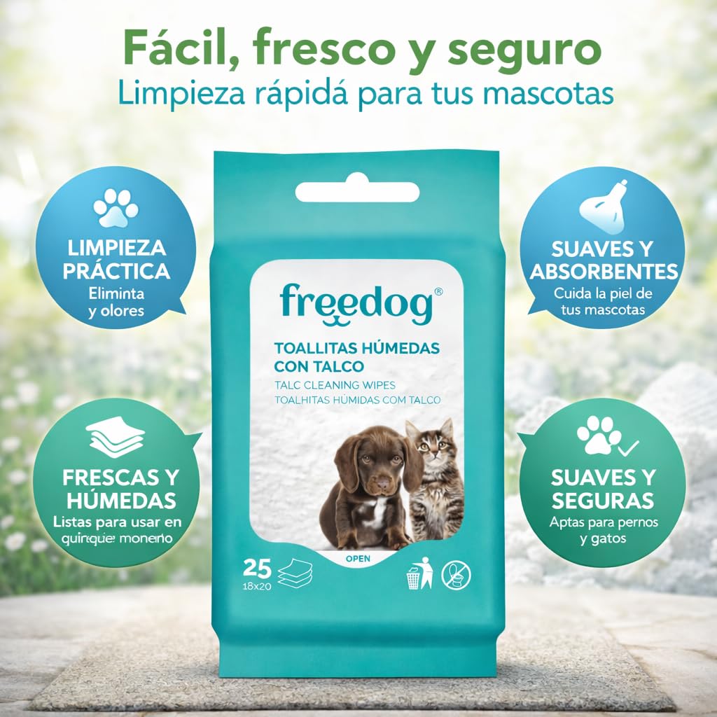 Freedog Pack 9 Paquetes de 25 Unidades Toallitas Húmedas para Perros y Gatos Esencia Talco - Toallitas - Toallitas Húmedas - Limpiador Patas Perro - Eliminador De Olores - Toalhitas - Limpieza