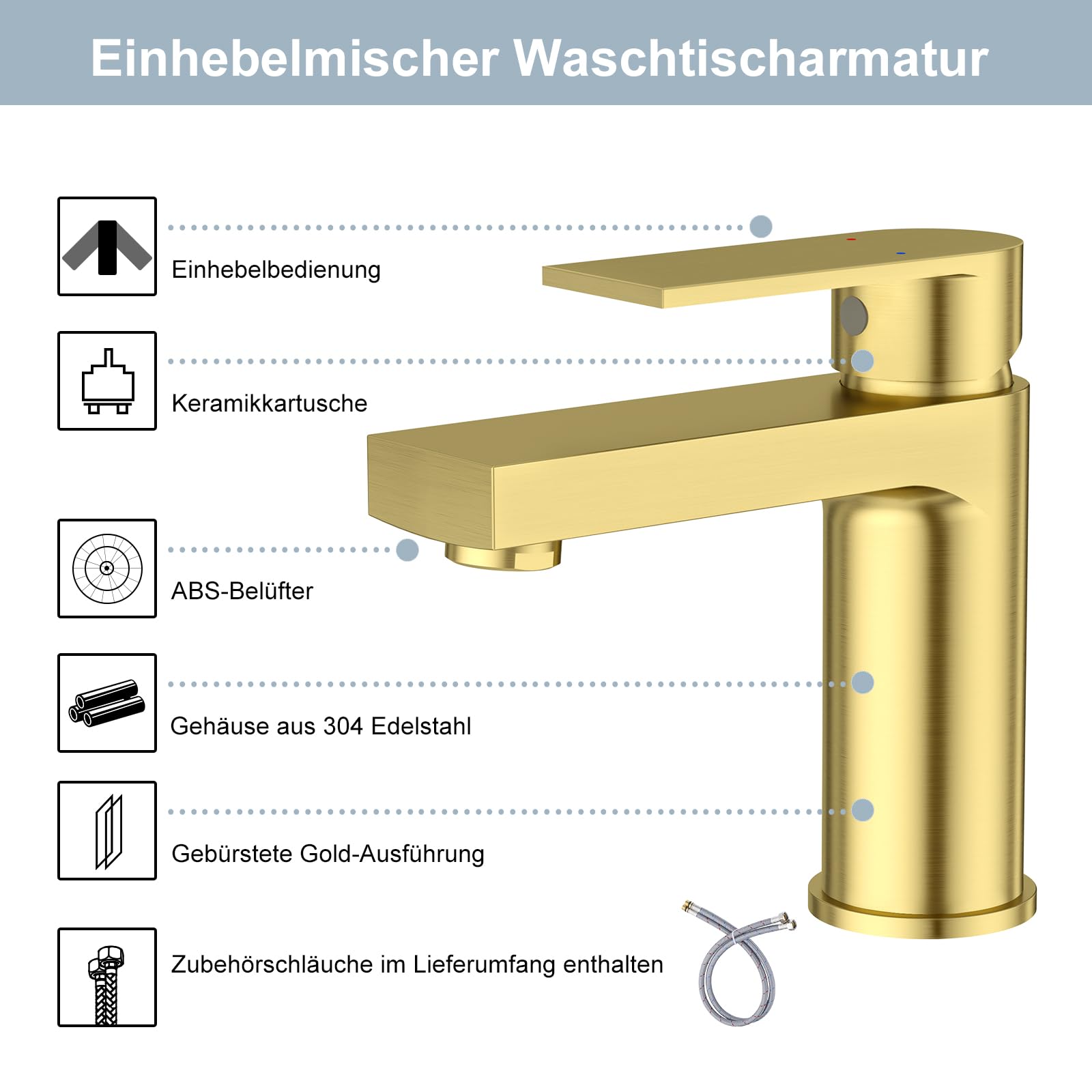 Waschtischarmatur für Badezimmer eckig, Hochdruck Einhebelmischer Armatur Wasserhahn für Waschbecken Bad W.C mit Pop-Up Ablaufgarnitur aus Edelstahl in gebürstetes gold