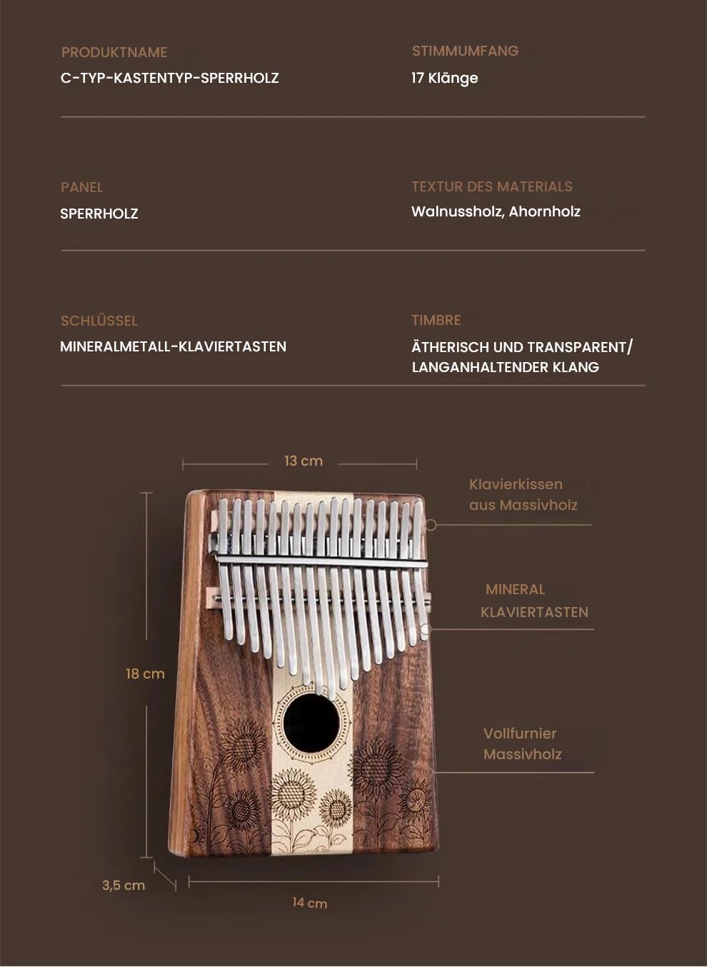 Kalimba 17 Schlüssel, Holz Fingerklaviere，Sonnenblume Professionelle Daumenklavier Carlimba, Mbira Instrumente