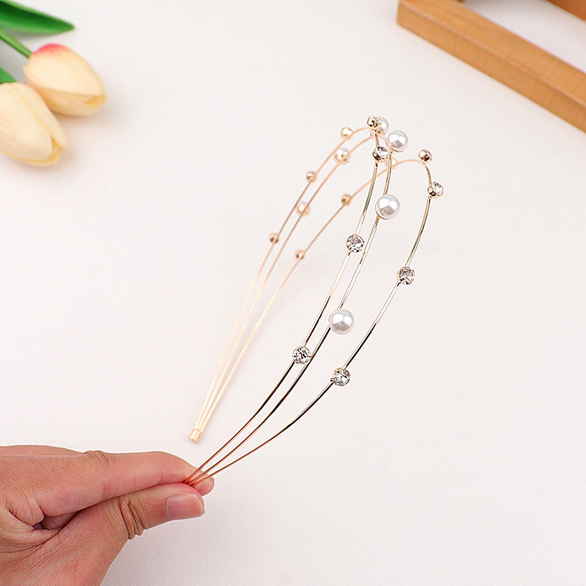 scicent Three Layer Hairband White Faux Pearl Headband Sparkly Diamond Head Bands Gold Metal Hair Bands Bridal Hair Hoop Party Wedding Hair Accessories for Women 23629 - Image 4