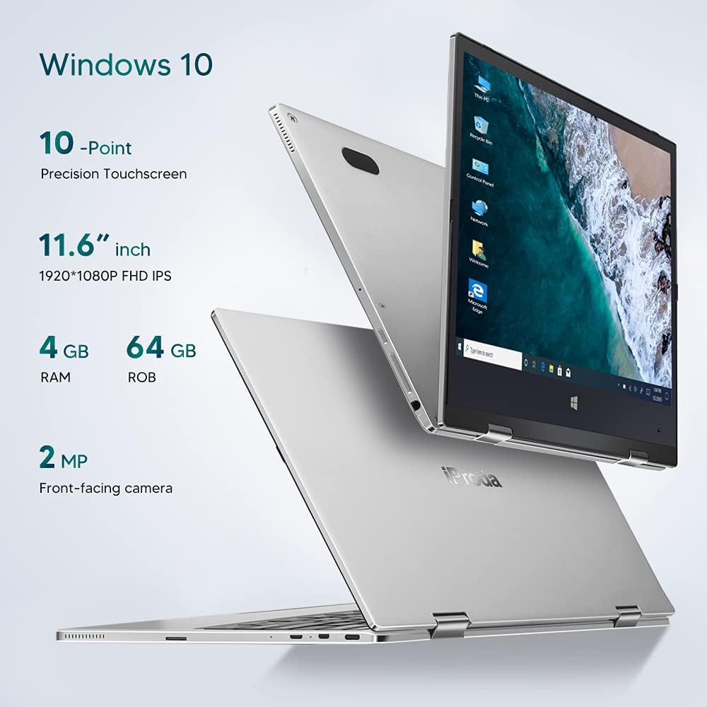 Iproda Laptop highlighting Windows 10, 10-point touchscreen, 11.6-inch FHD IPS display, 4GB RAM, 64GB ROM, and 2MP front-facing camera.