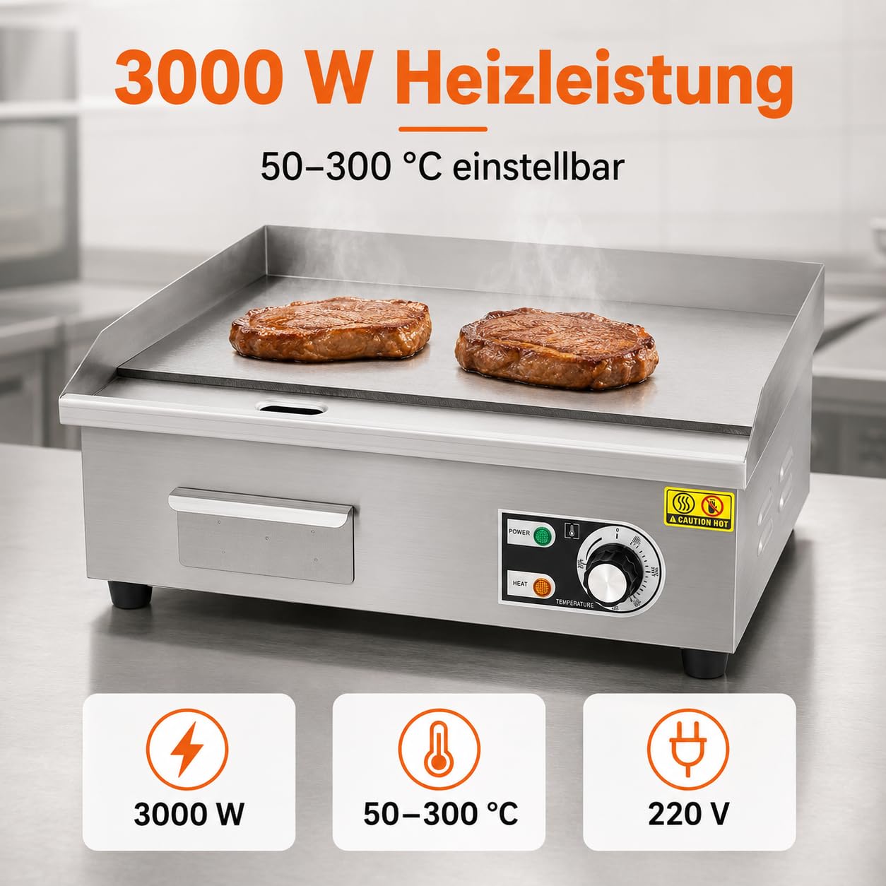 Komercyjny grill elektryczny, 3000 W, 55 x 30 cm, półpłaski grill blatowy, stal nierdzewna, grill restauracyjny z mięsa, steków, naleśników, precyzyjna regulacja temperatury 50-300°C